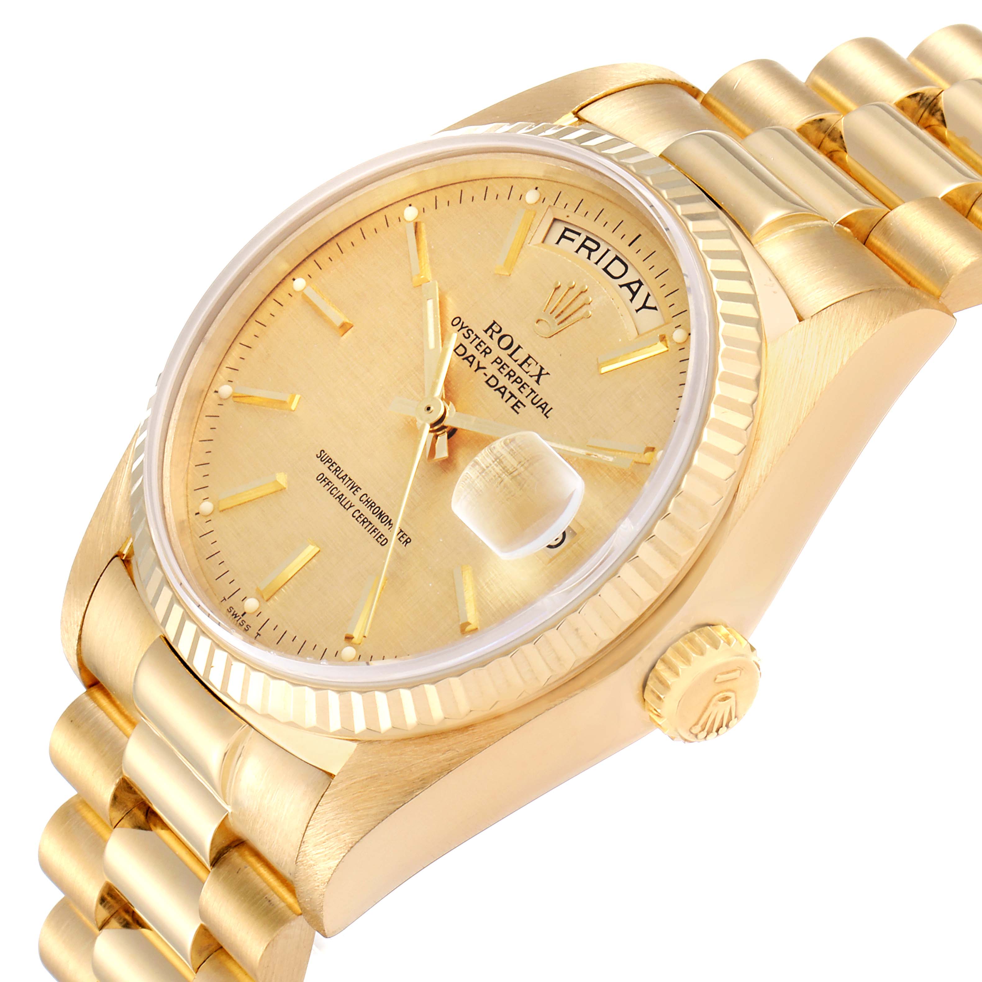 This image shows a close-up, angled view of a Rolex President 18038 Men
s Yellow Gold Champagne Dial 18038 Men
s Yellow Gold Champagne Dial model watch, highlighting the face, bezel, and part of the bracelet.