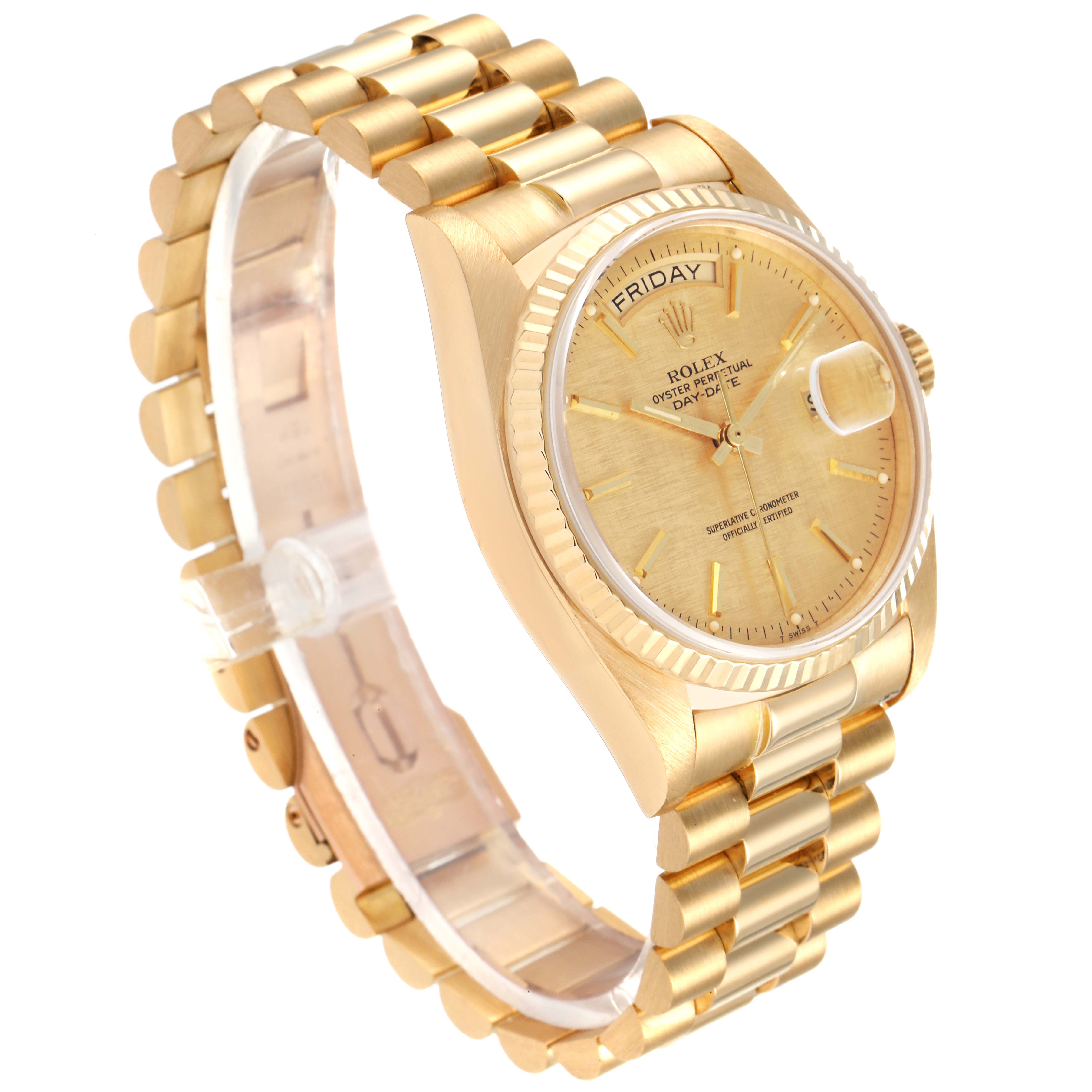 The Rolex President 18038 Men
s Yellow Gold Champagne Dial 18038 Men
s Yellow Gold Champagne Dial model watch is shown at a three-quarter angle, displaying the face, bezel, and bracelet.