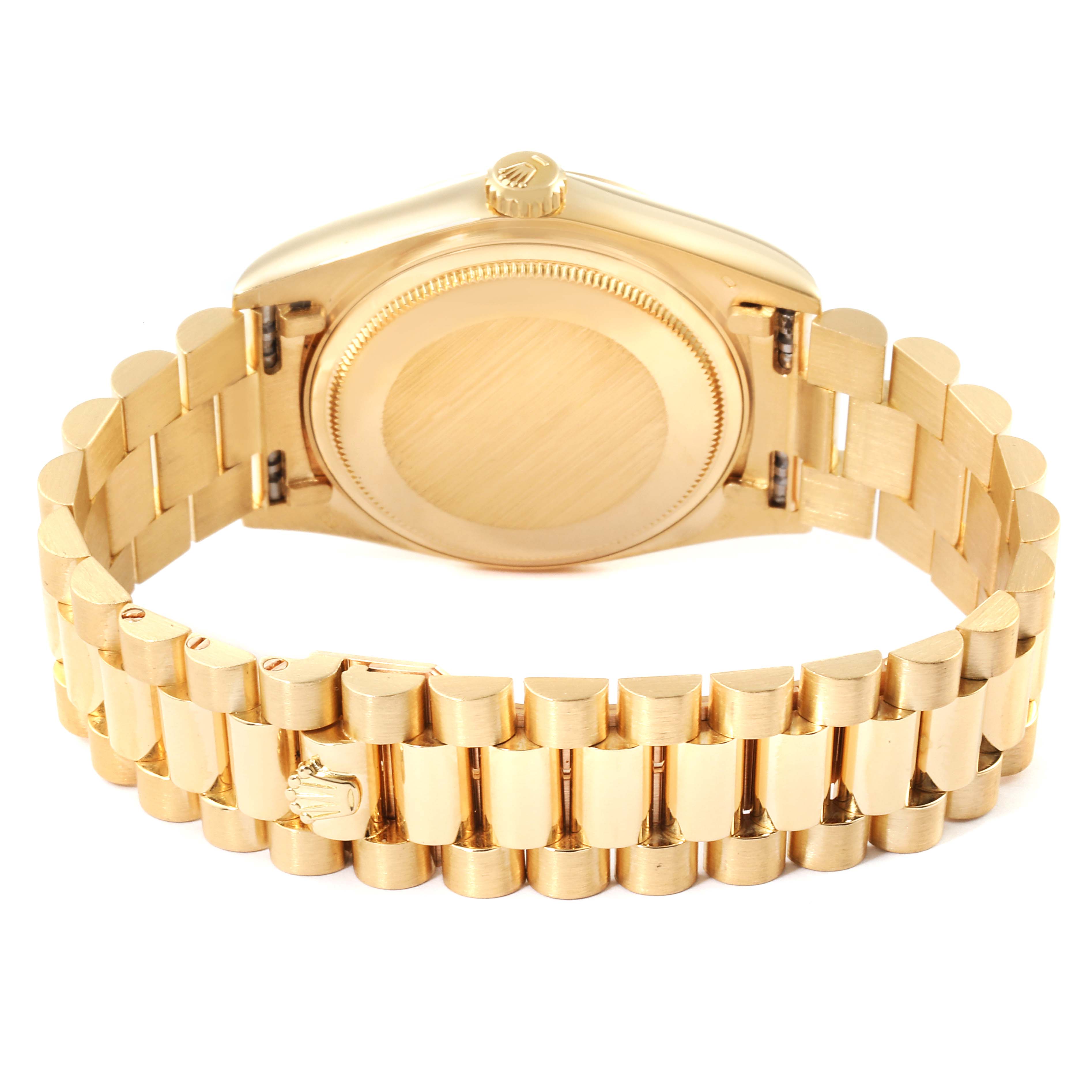 The image shows the back view of the Rolex President 18038 Men
s Yellow Gold Champagne Dial 18038 Men
s Yellow Gold Champagne Dial model watch, highlighting the case back and bracelet.