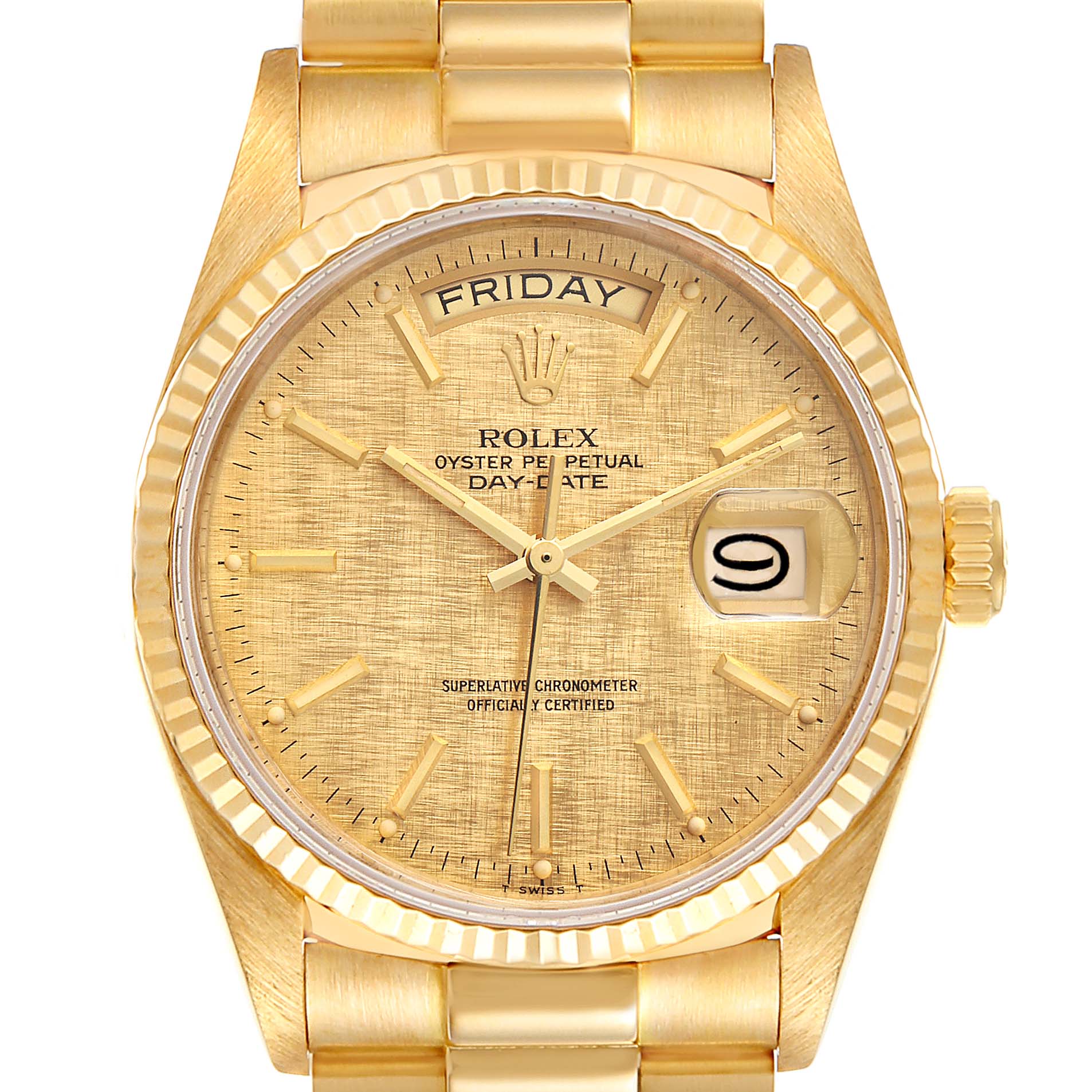 The image shows a frontal view of the Rolex President 18038 Men
s Yellow Gold Champagne Dial 18038 Men
s Yellow Gold Champagne Dial model watch, highlighting the dial, bezel, band, and crown.