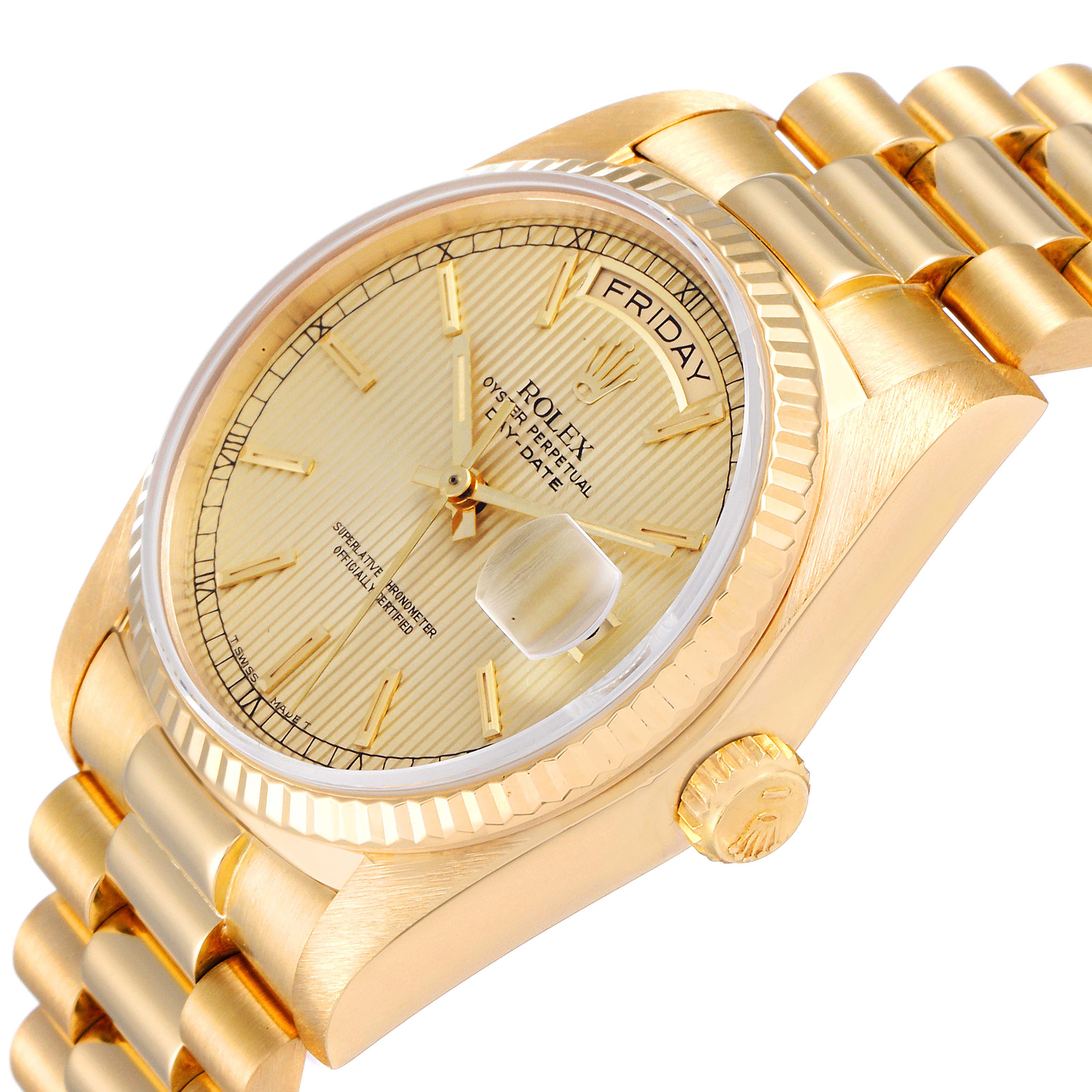 The image shows the Rolex President 18038 Men's Yellow Gold Champagne Dial 18038 Men's Yellow Gold Champagne Dial model watch at an angled close-up, highlighting the face, bezel, crown, and part of the bracelet.
