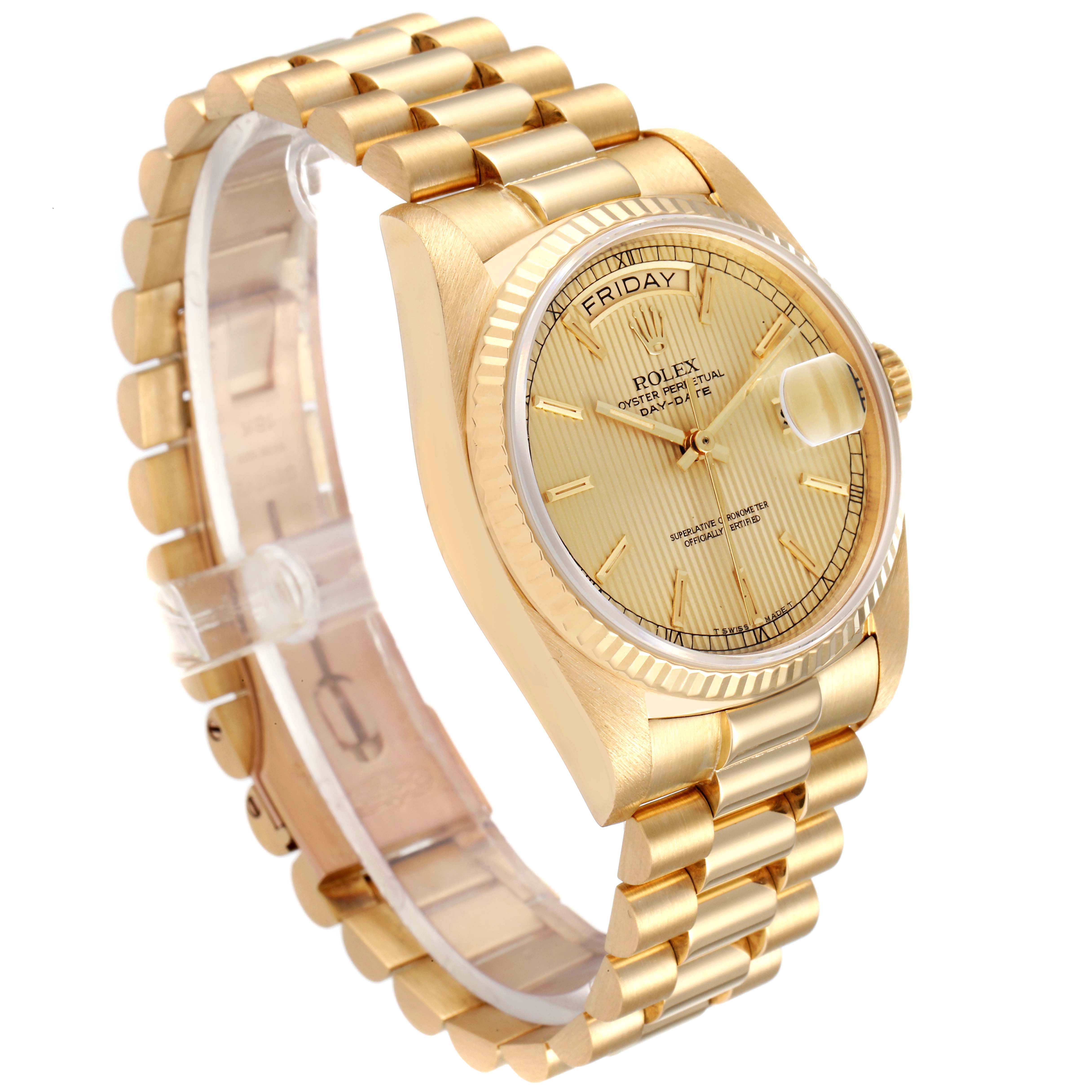 The image shows a side angle view of a gold Rolex President 18038 Men's Yellow Gold Champagne Dial 18038 Men's Yellow Gold Champagne Dial model watch, highlighting the face, bracelet, and crown.
