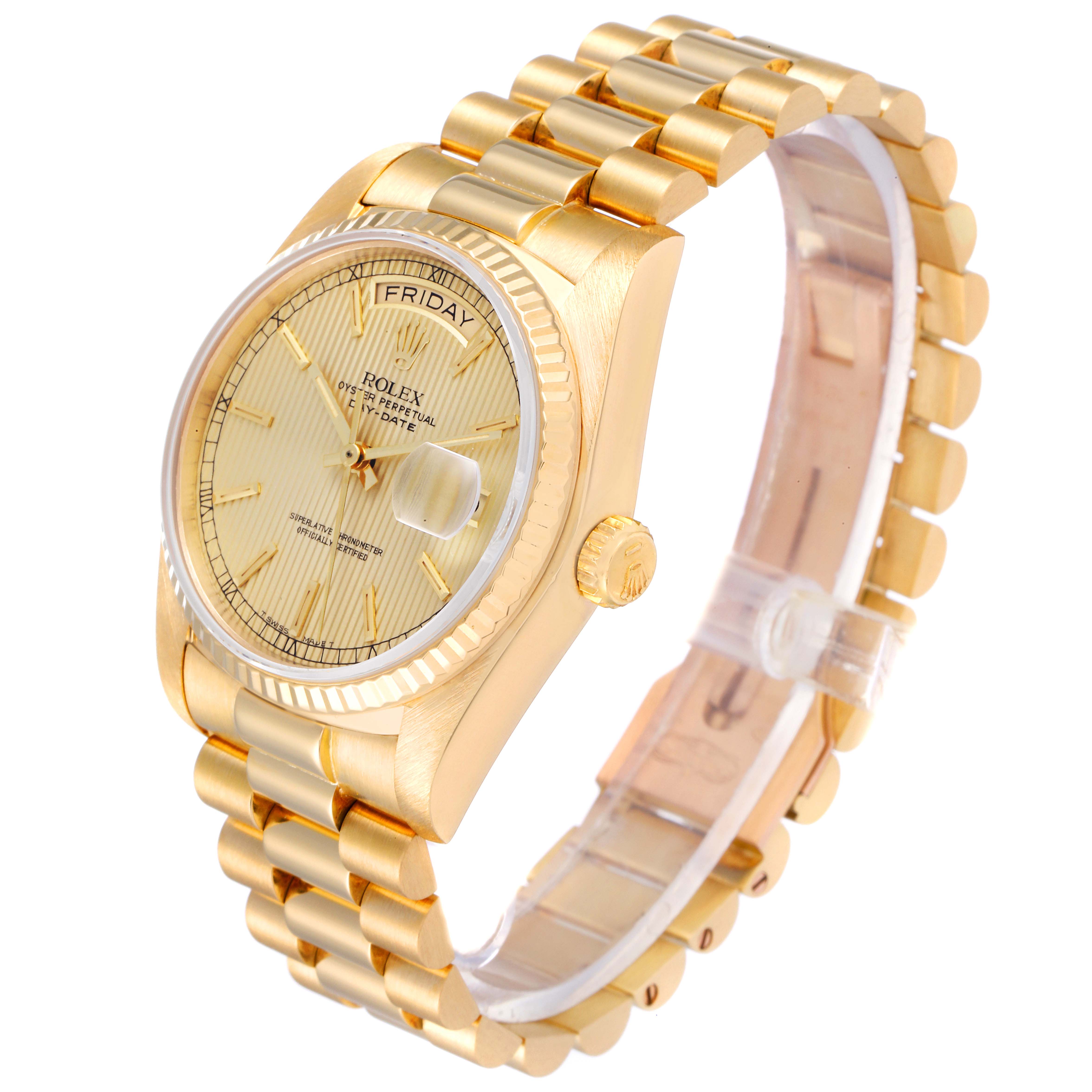 The image shows a side angle of a Rolex President 18038 Men's Yellow Gold Champagne Dial 18038 Men's Yellow Gold Champagne Dial model watch, highlighting its gold band, face, and crown.