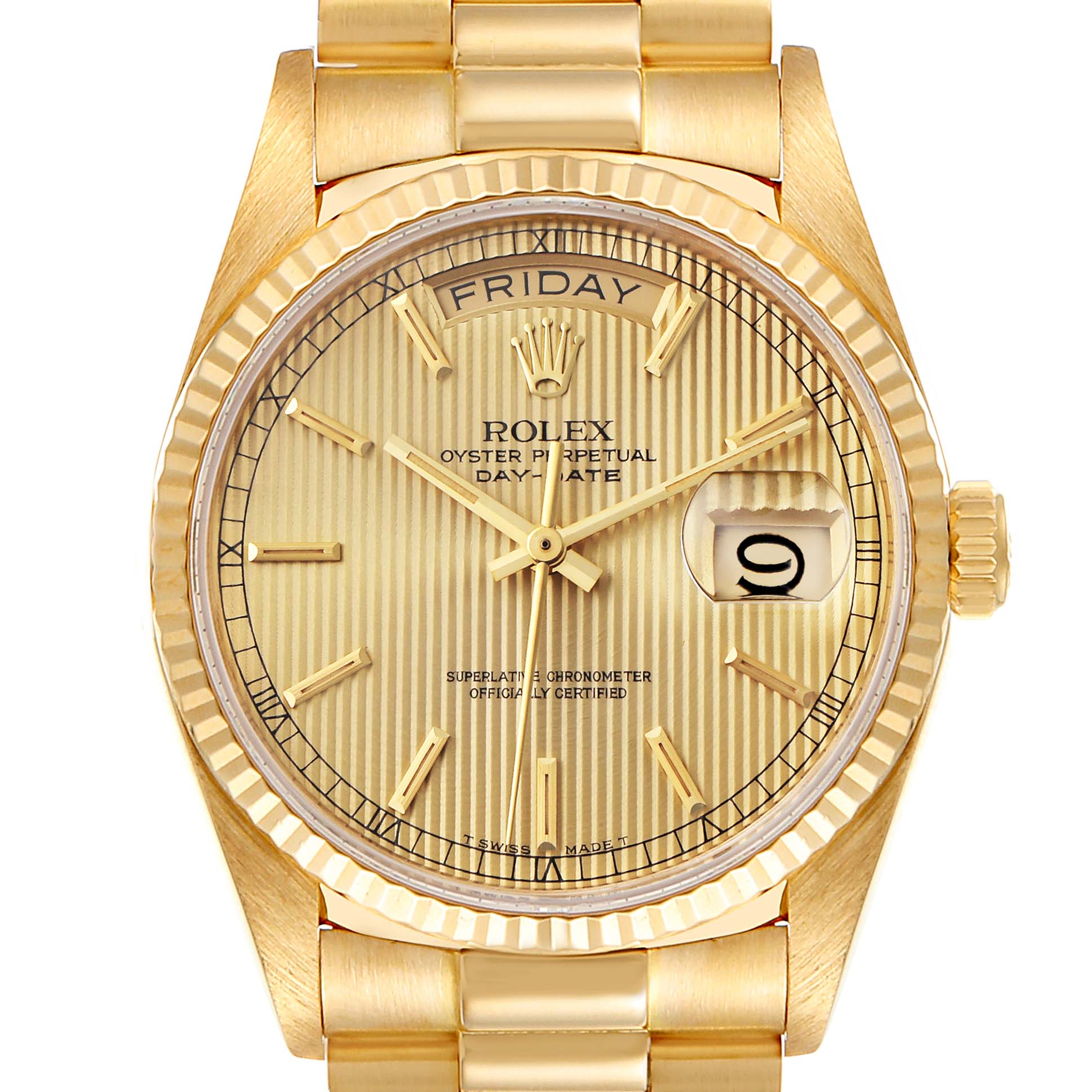 This image shows a Rolex President 18038 Men's Yellow Gold Champagne Dial 18038 Men's Yellow Gold Champagne Dial model watch from a front angle, highlighting the dial, bezel, and part of the bracelet.