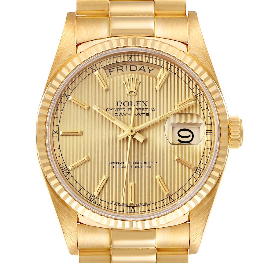 Rolex President Day-Date 36mm Yellow Gold Tapestry Dial Mens Watch 18038 SwissWatchExpo