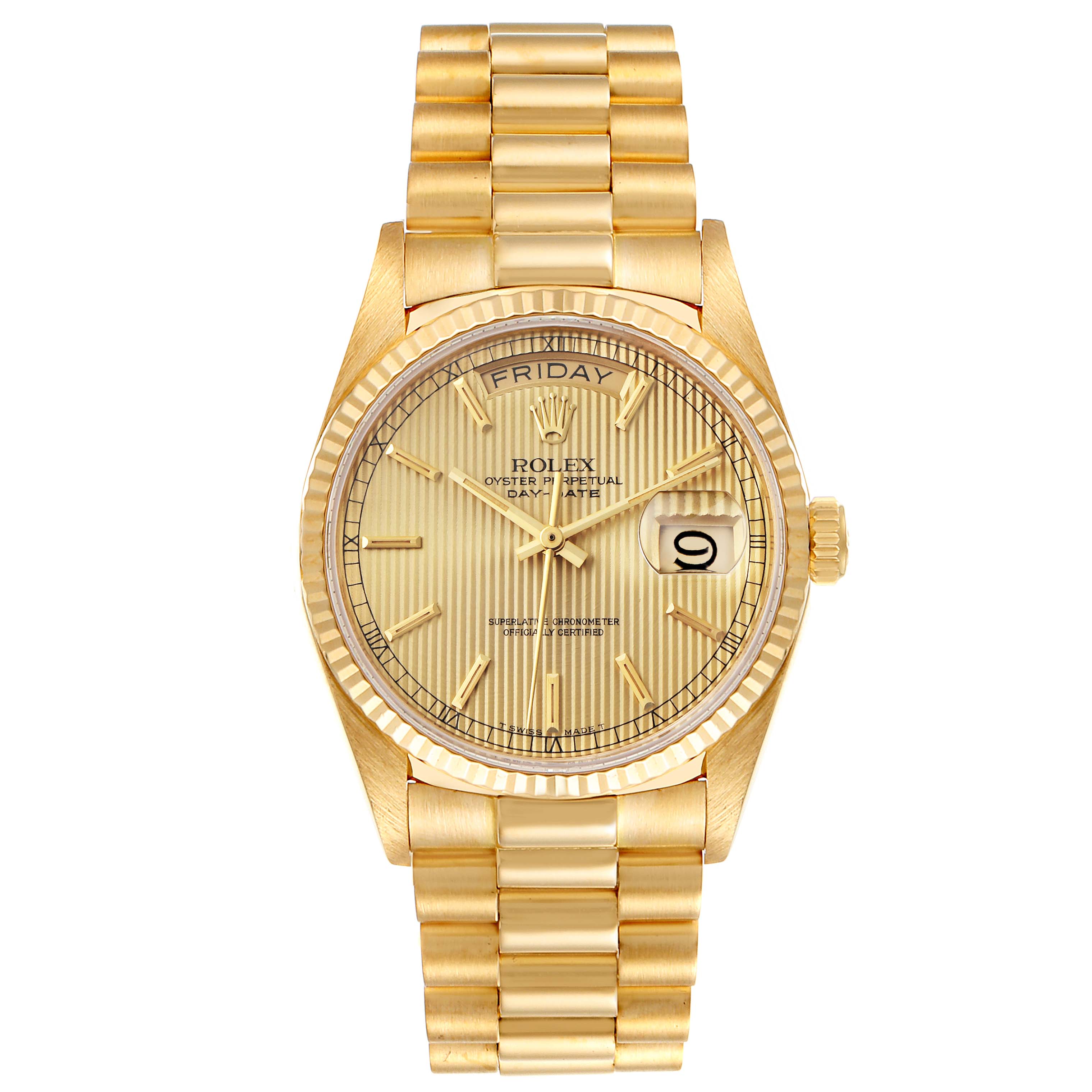 The Rolex President 18038 Men's Yellow Gold Champagne Dial 18038 Men's Yellow Gold Champagne Dial model watch is shown from the front, displaying its face, bezel, and bracelet.