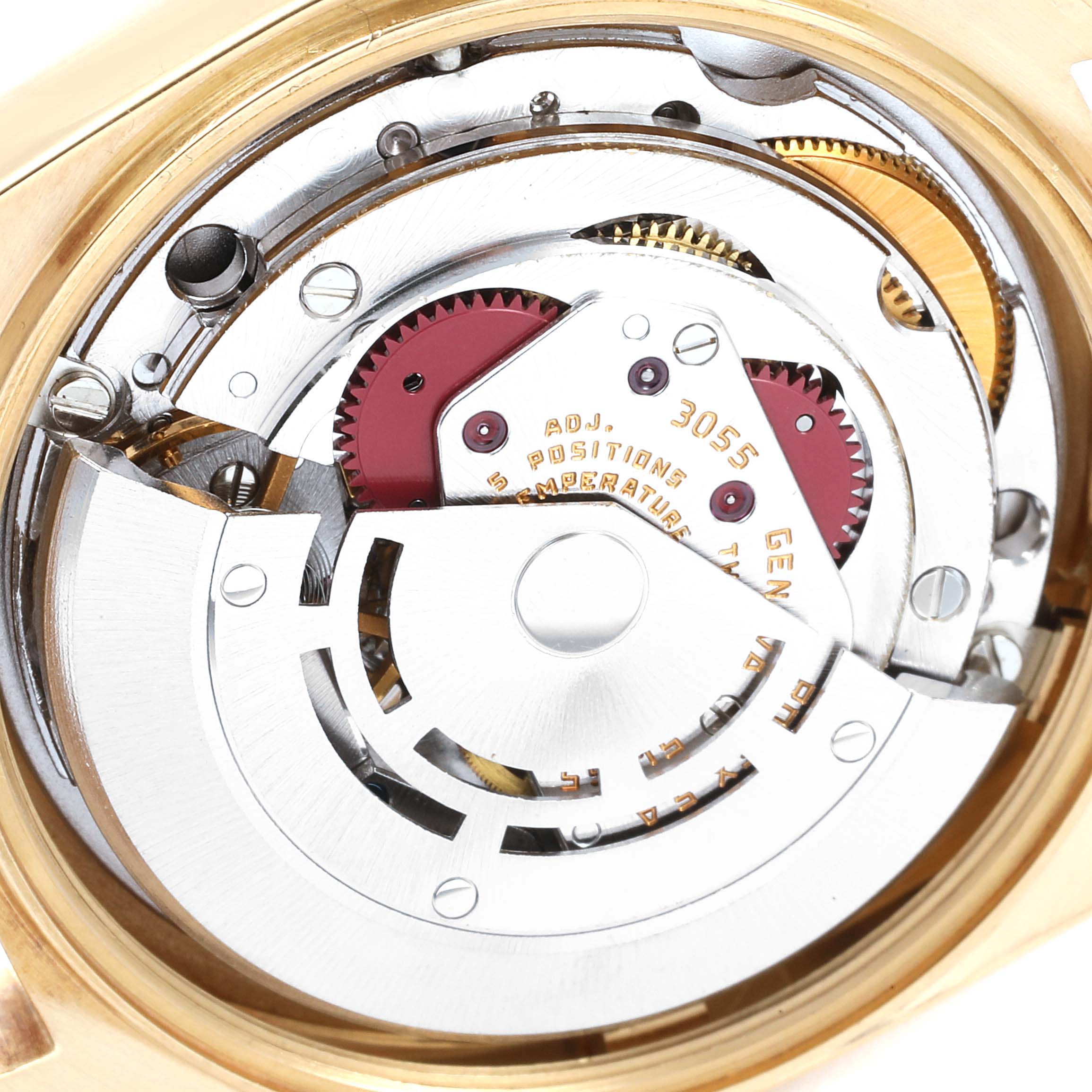 This image shows the intricate internal mechanics of a Rolex President 18038 Men's Yellow Gold Champagne Dial 18038 Men's Yellow Gold Champagne Dial watch, highlighting its movement components.