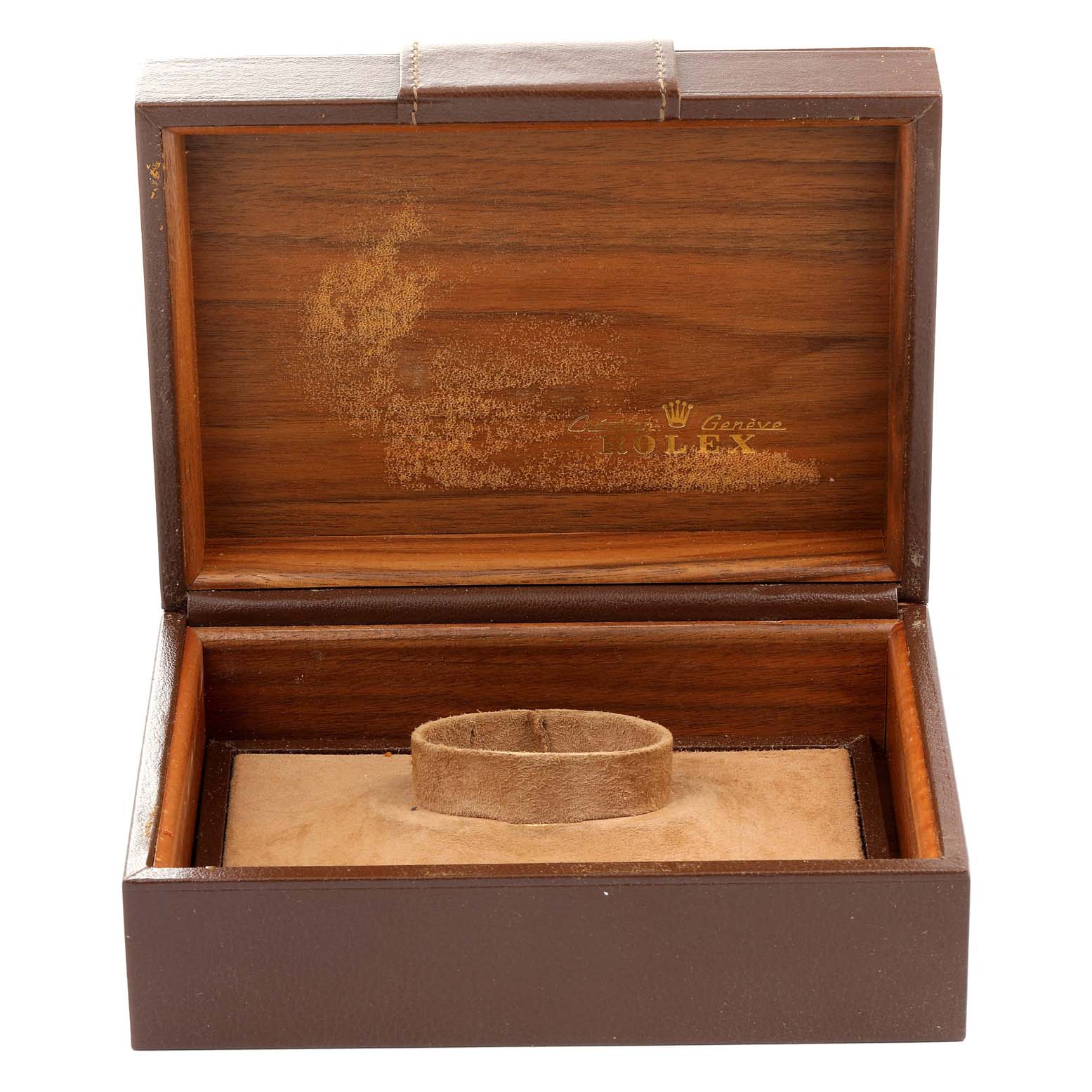 This image shows an open wooden box for a Rolex President 18038 Men's Yellow Gold Champagne Dial 18038 Men's Yellow Gold Champagne Dial model, with a cushion inside for holding the watch.