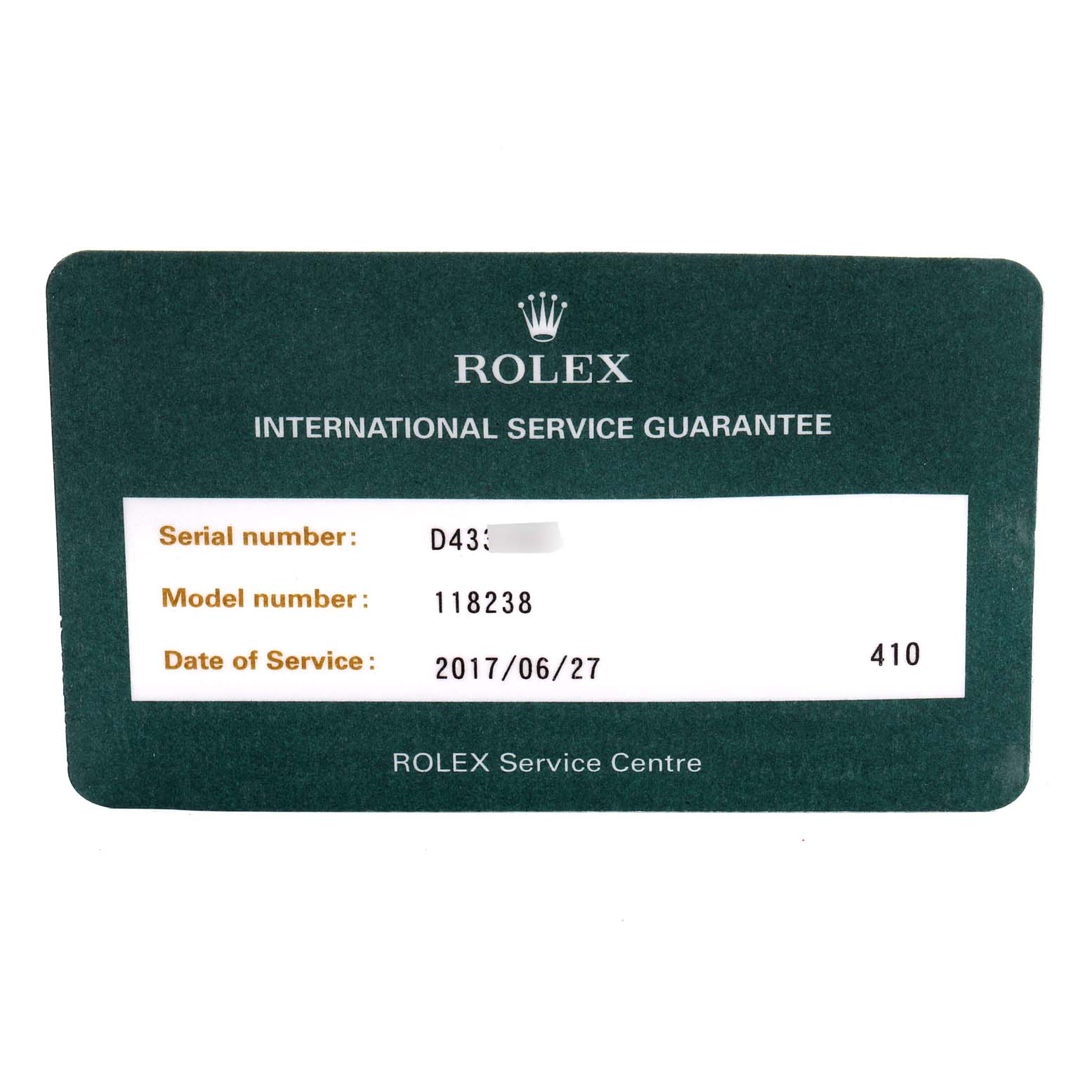 The image shows an International Service Guarantee card for the Rolex President 118238 Men
s Yellow Gold Black Dial 118238 Men
s Yellow Gold Black Dial model, indicating serial and model numbers, and service date.