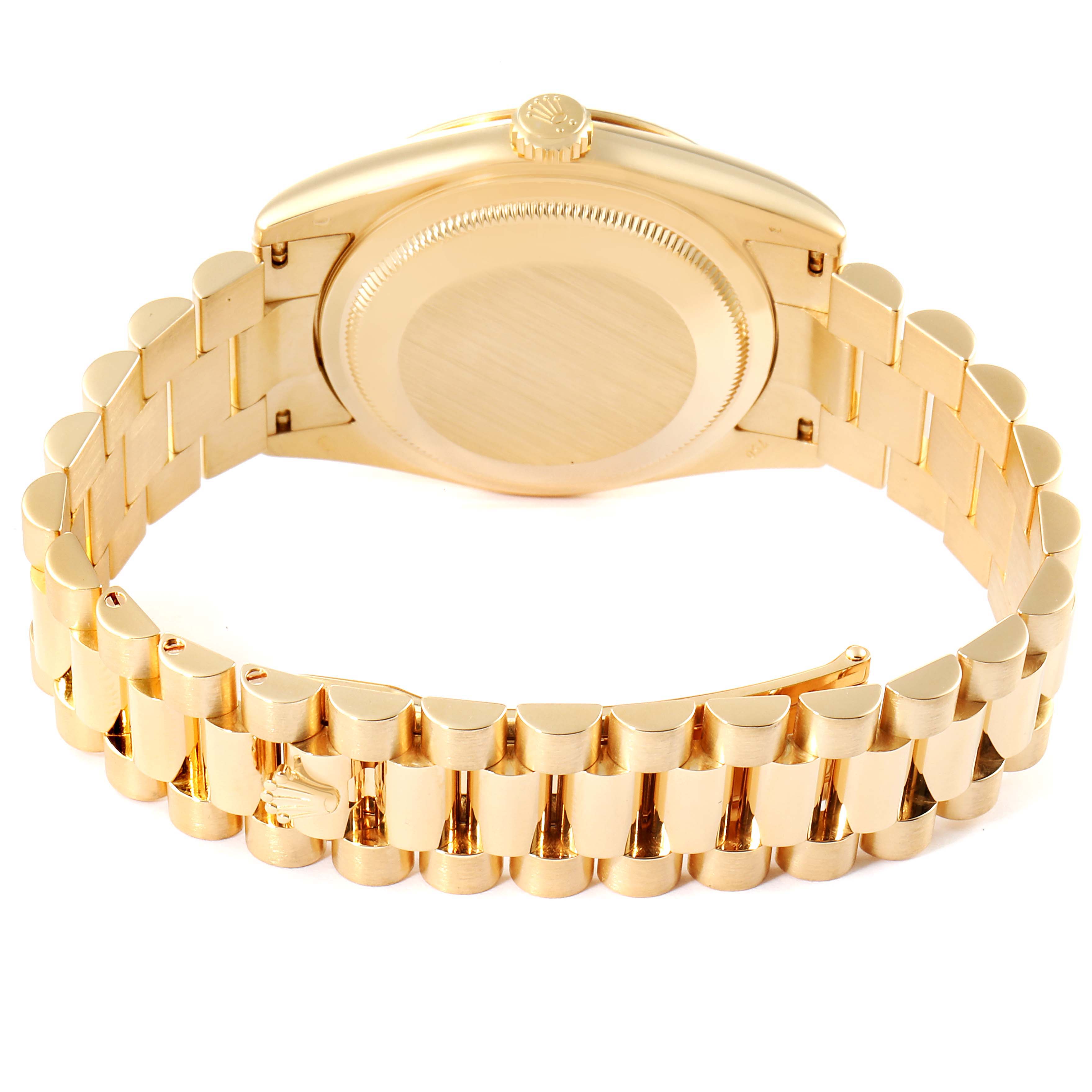 The image shows the back and bracelet of a Rolex President 118238 Men
s Yellow Gold Black Dial 118238 Men
s Yellow Gold Black Dial model watch at an angle.
