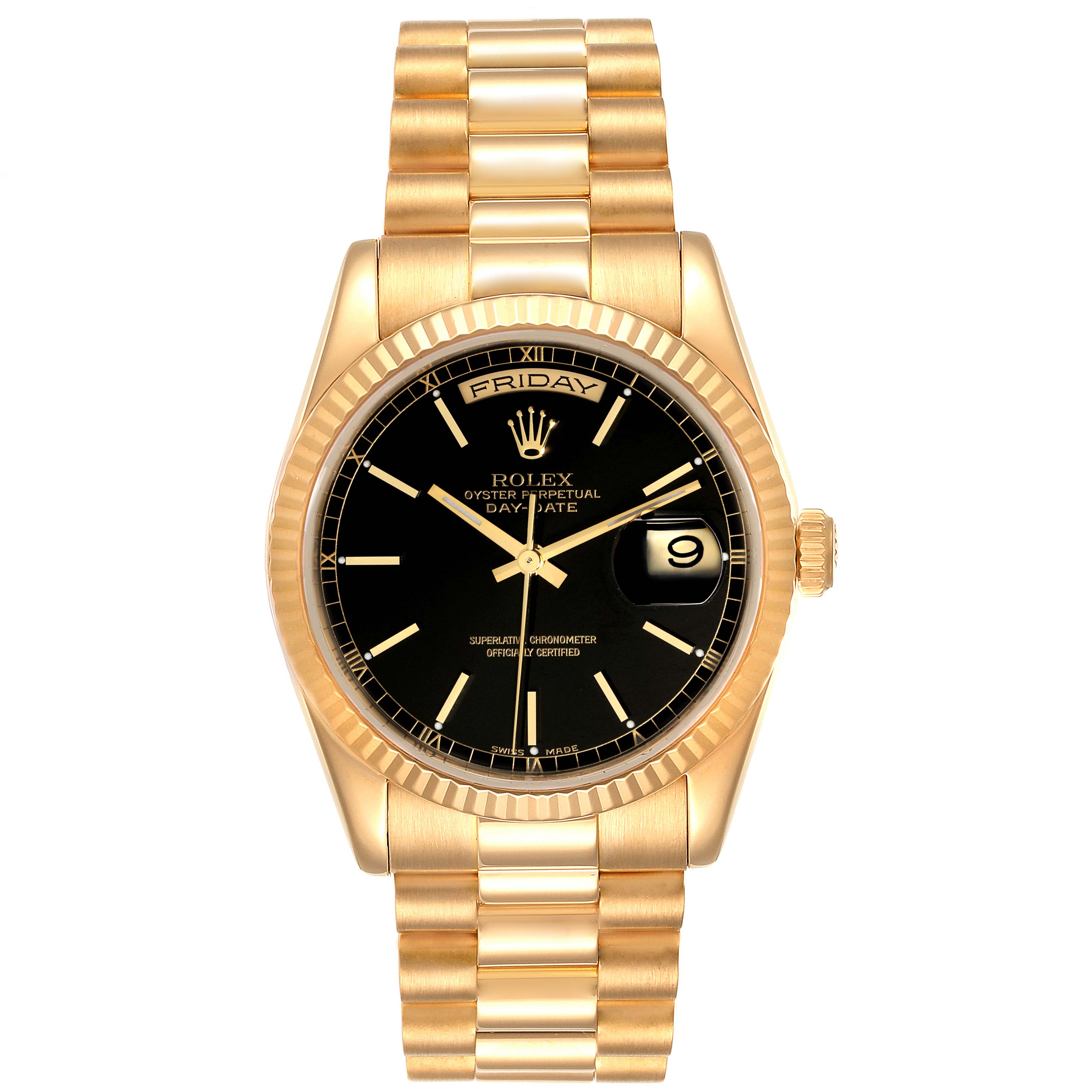 The Rolex President 118238 Men
s Yellow Gold Black Dial 118238 Men
s Yellow Gold Black Dial model watch is shown from the front, displaying the dial, bracelet, and crown.
