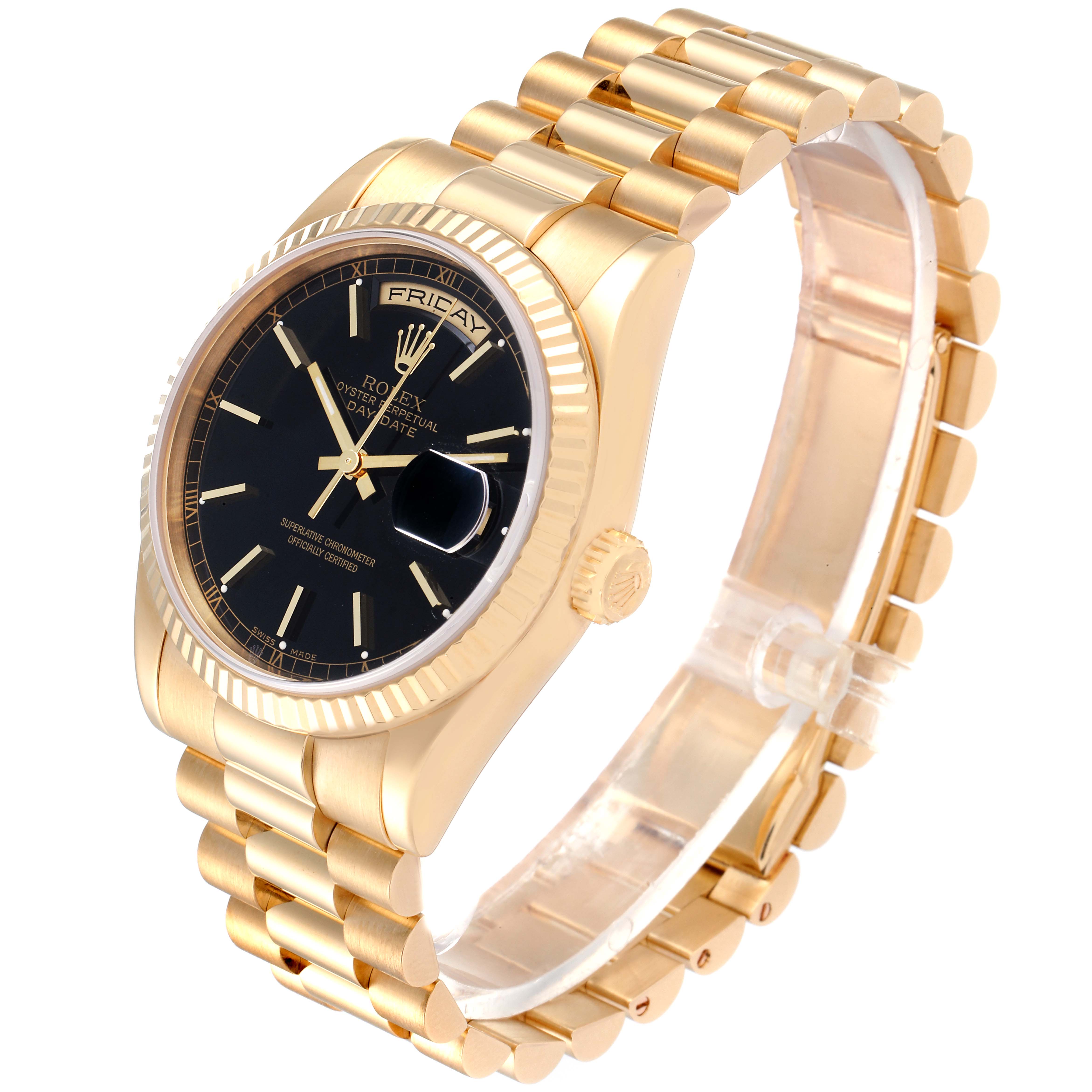 The Rolex President 118238 Men
s Yellow Gold Black Dial 118238 Men
s Yellow Gold Black Dial model watch is shown at a slight angle, displaying the face, bezel, crown, and bracelet.