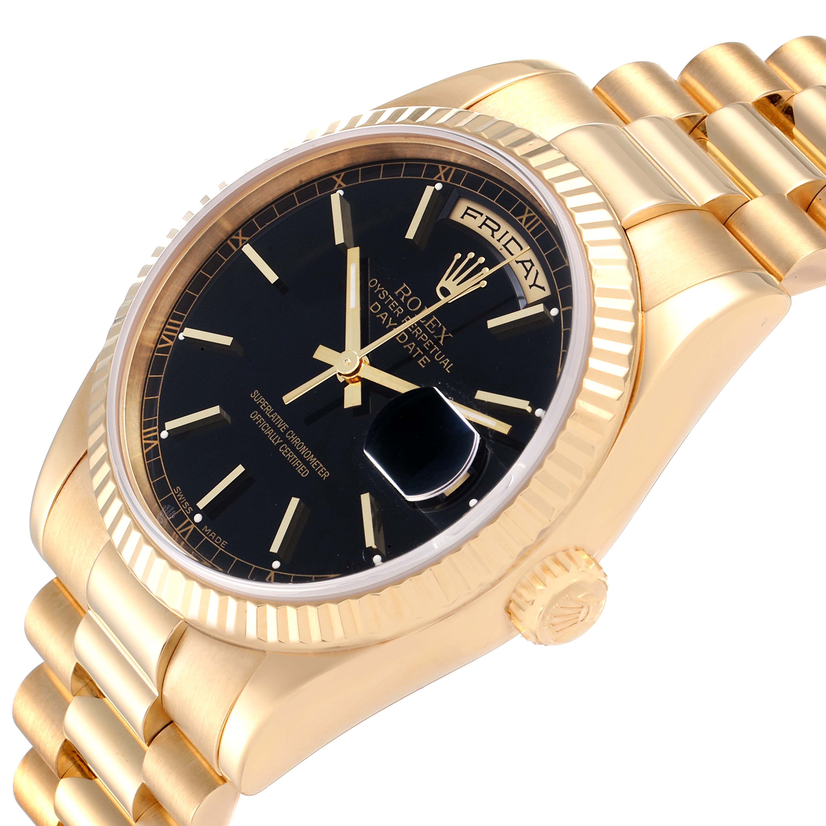 The image shows a Rolex President 118238 Men
s Yellow Gold Black Dial 118238 Men
s Yellow Gold Black Dial model watch at a tilted angle, highlighting the face, bezel, crown, and bracelet.