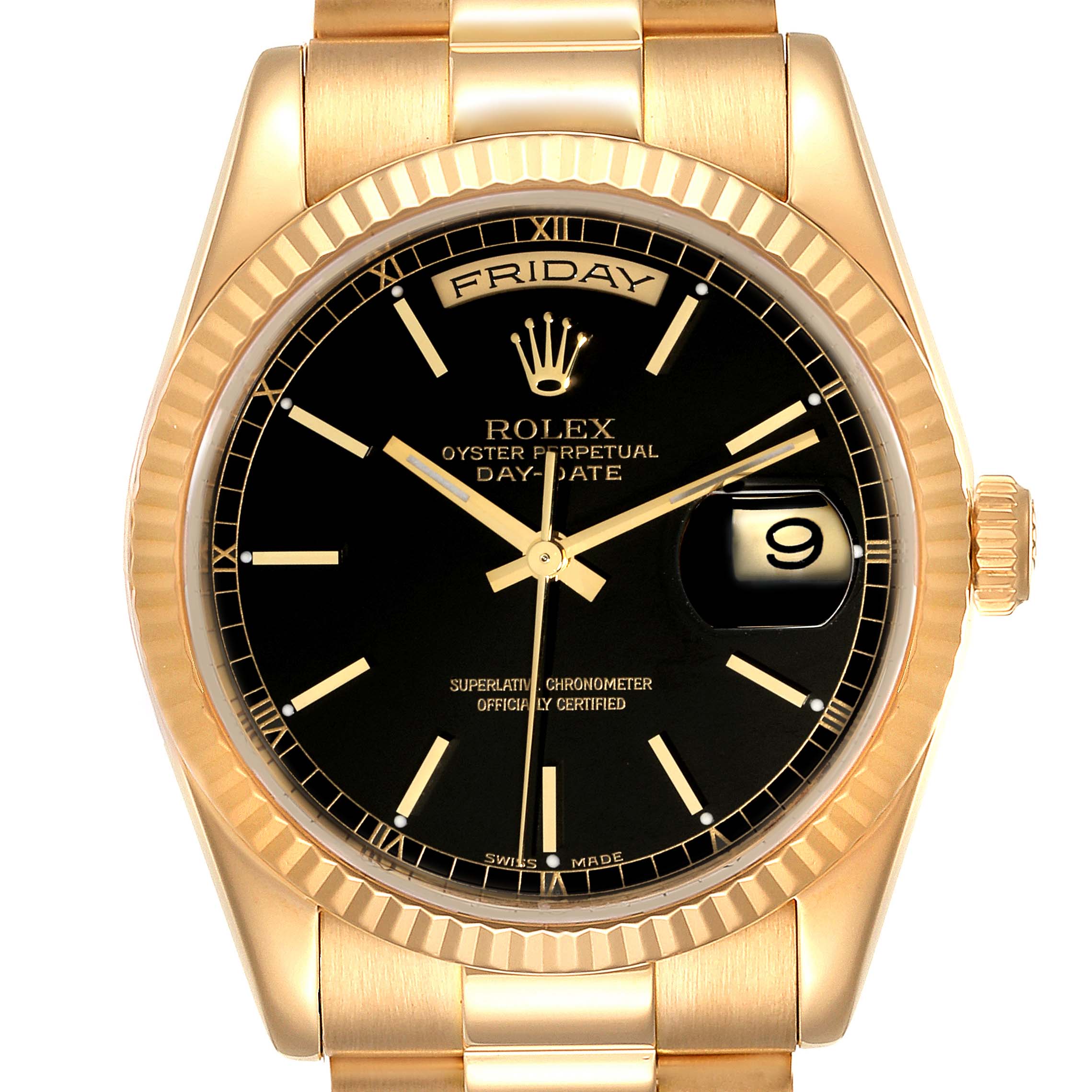 The image shows a front view of the Rolex President 118238 Men
s Yellow Gold Black Dial 118238 Men
s Yellow Gold Black Dial model watch, showcasing its black dial, gold case, and day-date features.