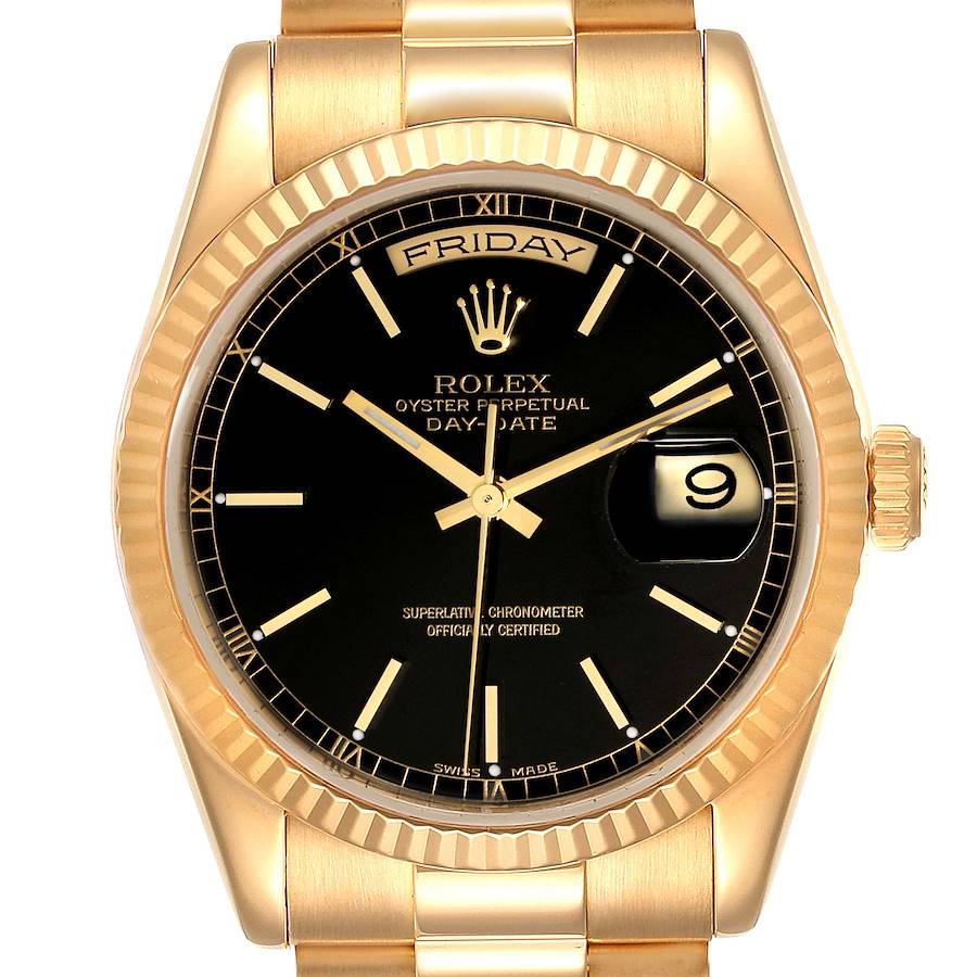 Rolex President Day-Date Black Dial Yellow Gold Mens Watch 118238 SwissWatchExpo