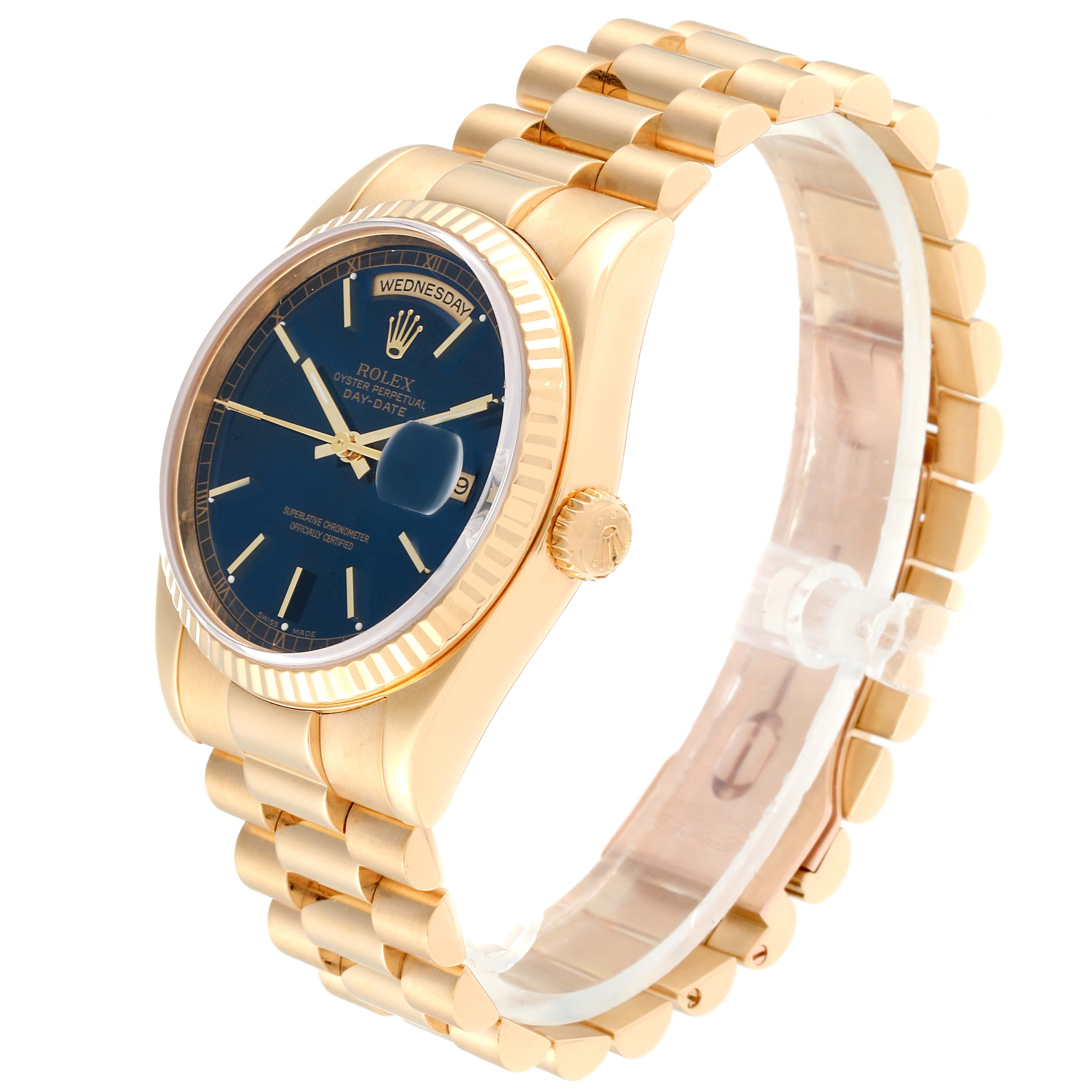 The image shows a side-angle view of a Rolex President 118238 Men's Yellow Gold Blue Dial 118238 Men's Yellow Gold Blue Dial watch, highlighting its band and face.
