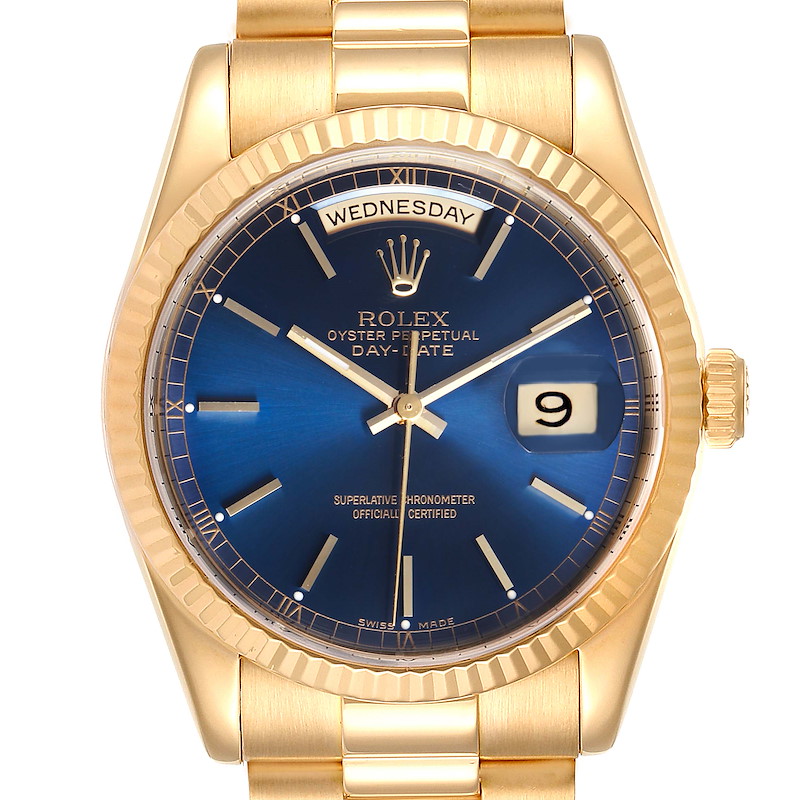 Rolex President Day-Date Blue Dial Yellow Gold Mens Watch 118238 SwissWatchExpo