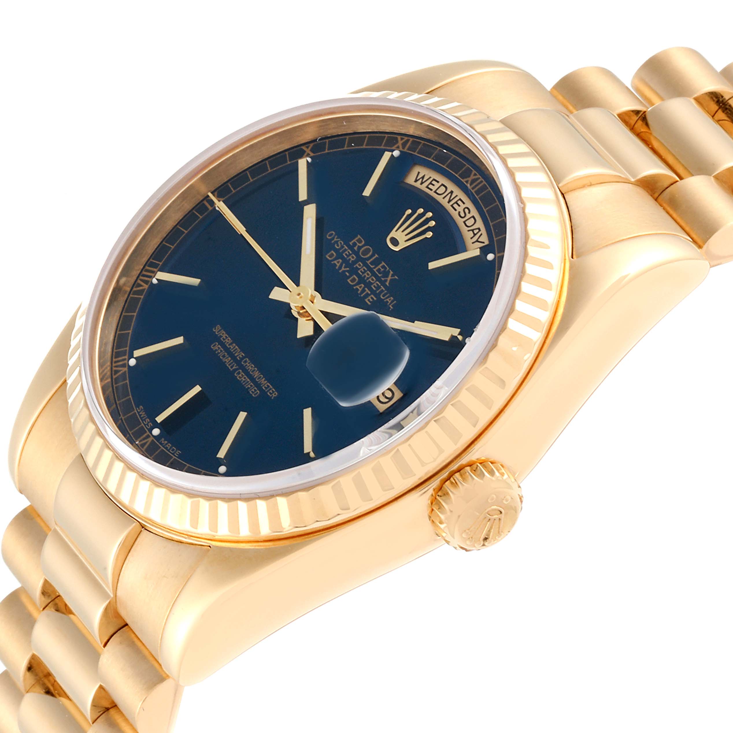 This image shows a side angle of the Rolex President 118238 Men's Yellow Gold Blue Dial 118238 Men's Yellow Gold Blue Dial model, highlighting the case, bezel, crown, and part of the bracelet.