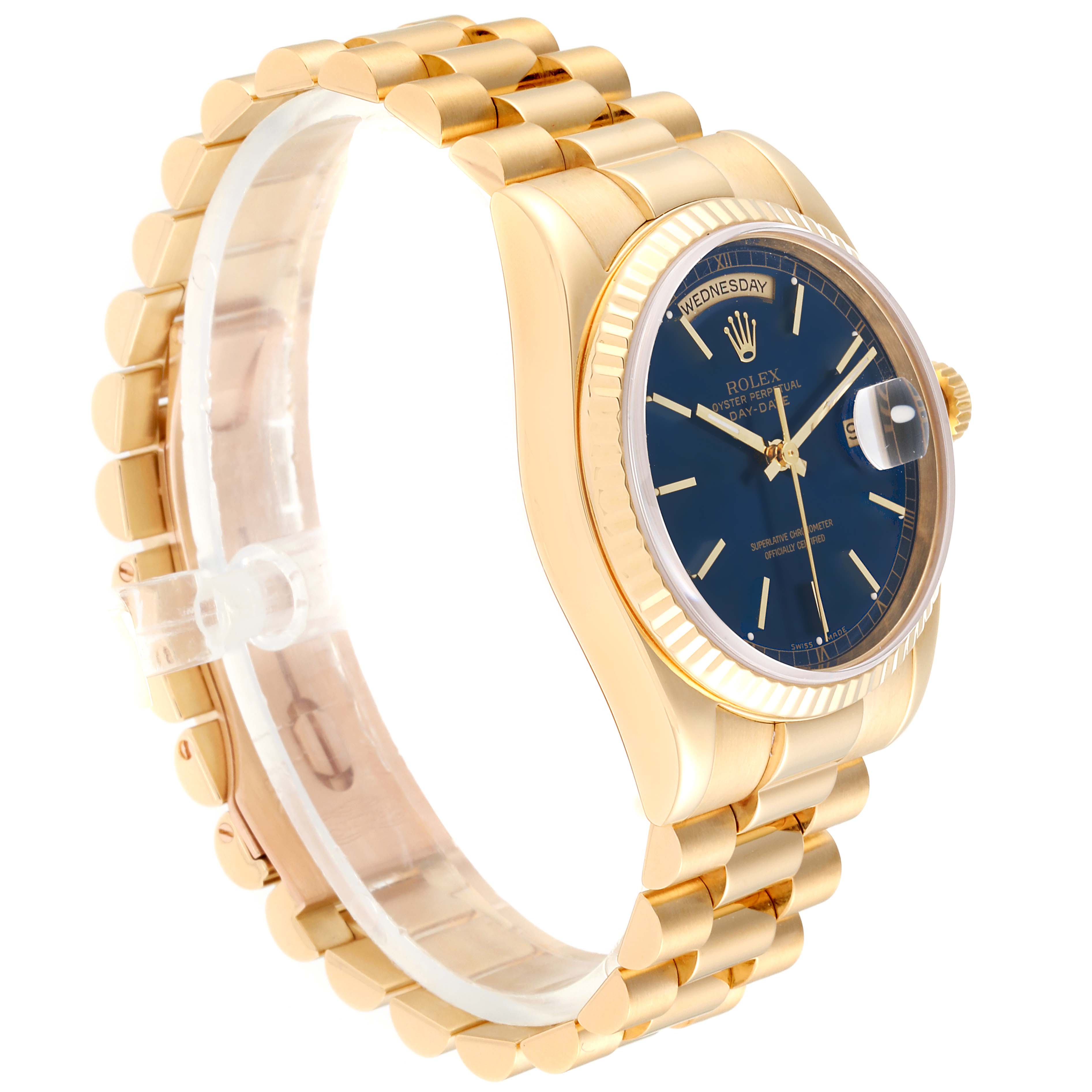 The Rolex President 118238 Men's Yellow Gold Blue Dial 118238 Men's Yellow Gold Blue Dial model is shown at a side angle, highlighting the gold band, blue dial, and fluted bezel.