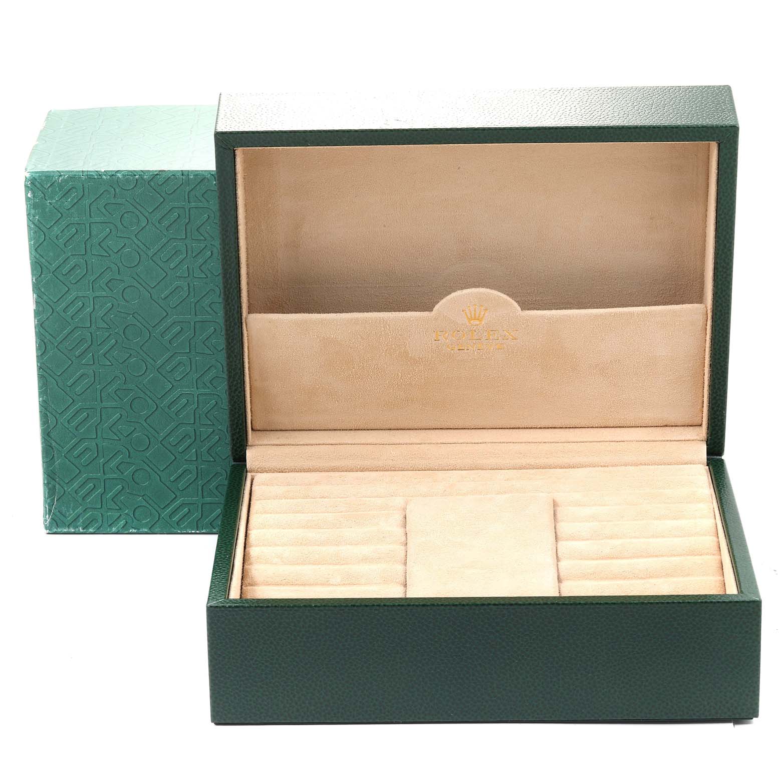 The image shows an open green Rolex President 118238 Men's Yellow Gold Blue Dial 118238 Men's Yellow Gold Blue Dial model watch box with beige interior and Rolex branding.