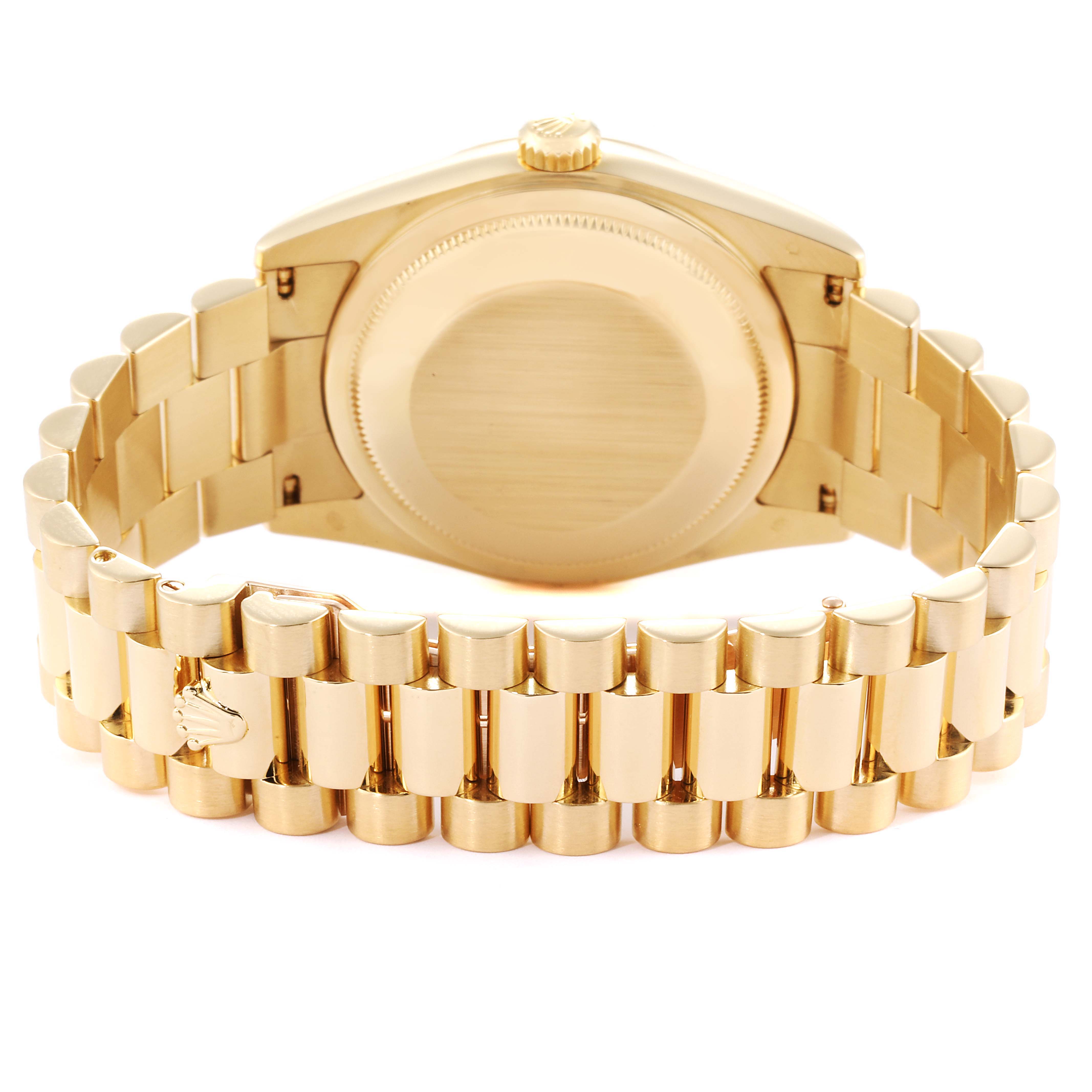 The image shows the back of a Rolex President 118238 Men's Yellow Gold Blue Dial 118238 Men's Yellow Gold Blue Dial watch, highlighting its gold bracelet and case back.