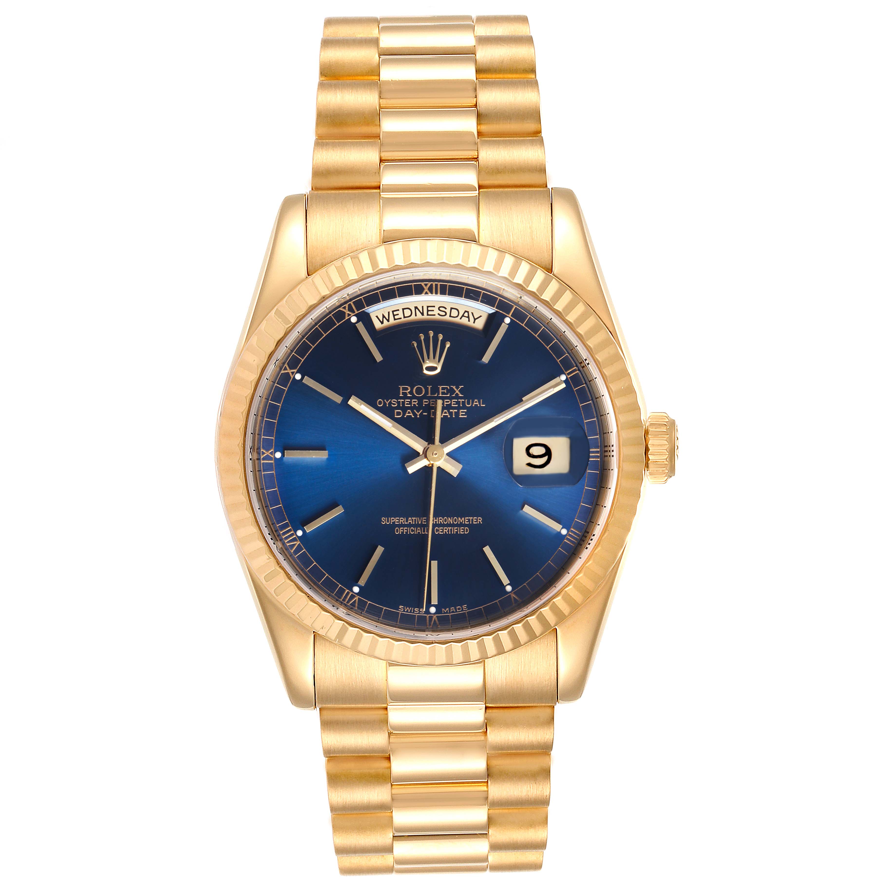 The image shows a frontal view of a Rolex President 118238 Men's Yellow Gold Blue Dial 118238 Men's Yellow Gold Blue Dial model watch, featuring a gold band, blue dial, and day-date display.