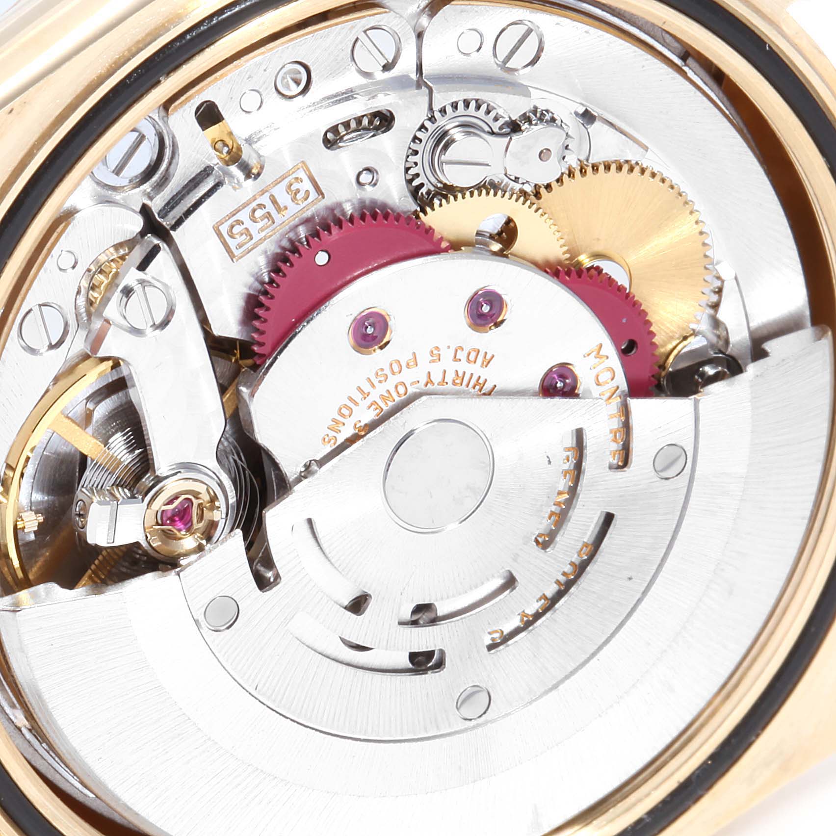 The image shows a close-up view of the internal movement mechanism of a Rolex President 118238 Men's Yellow Gold Blue Dial 118238 Men's Yellow Gold Blue Dial model watch.