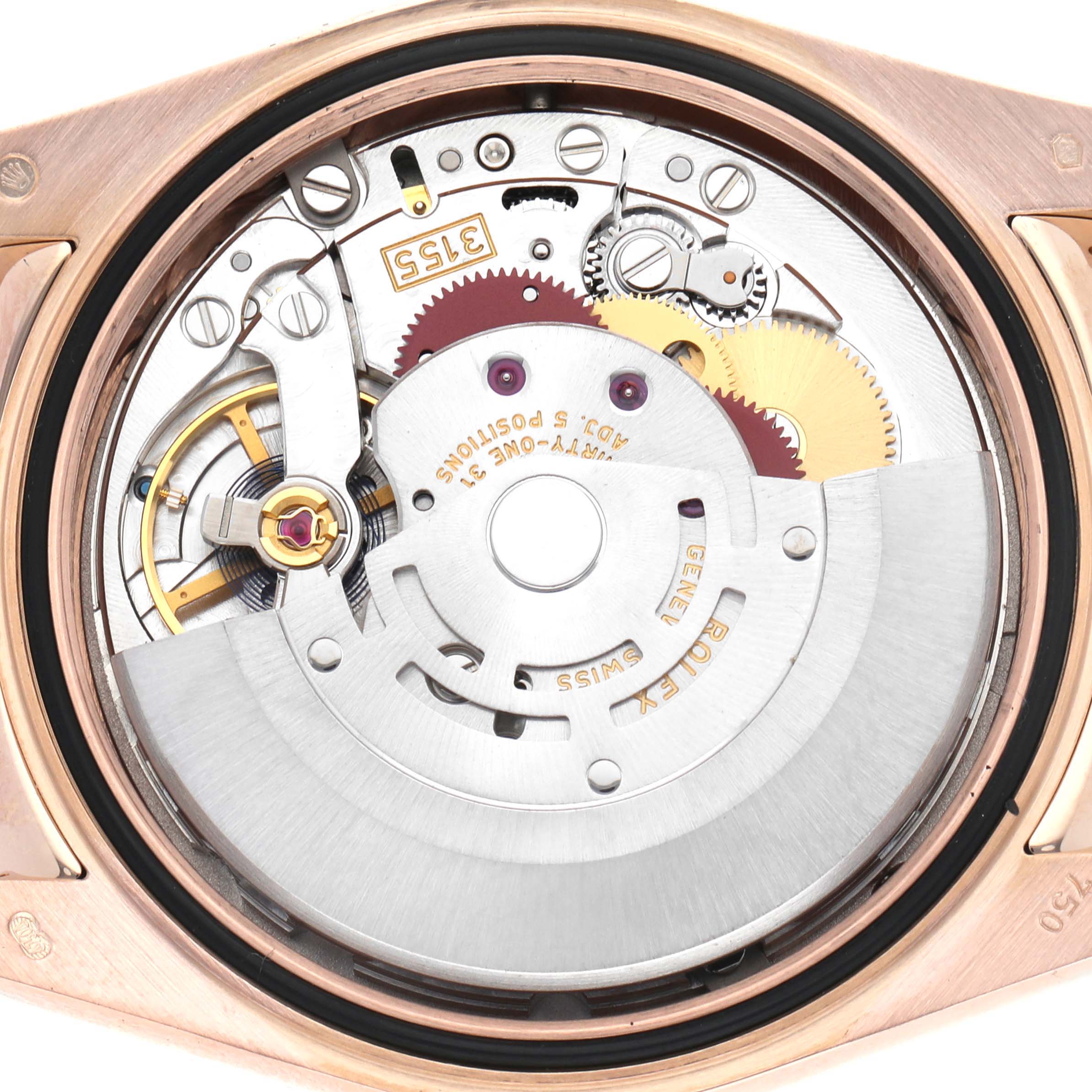 The image shows the internal mechanism of a Rolex President model, model number 118135, viewed from the back, highlighting gears and movement components.