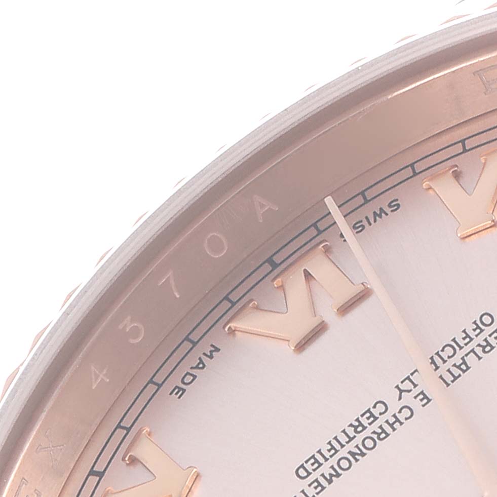 The image shows a close-up of the dial and bezel of a Rolex President model 118135, highlighting the Roman numeral hour markers.