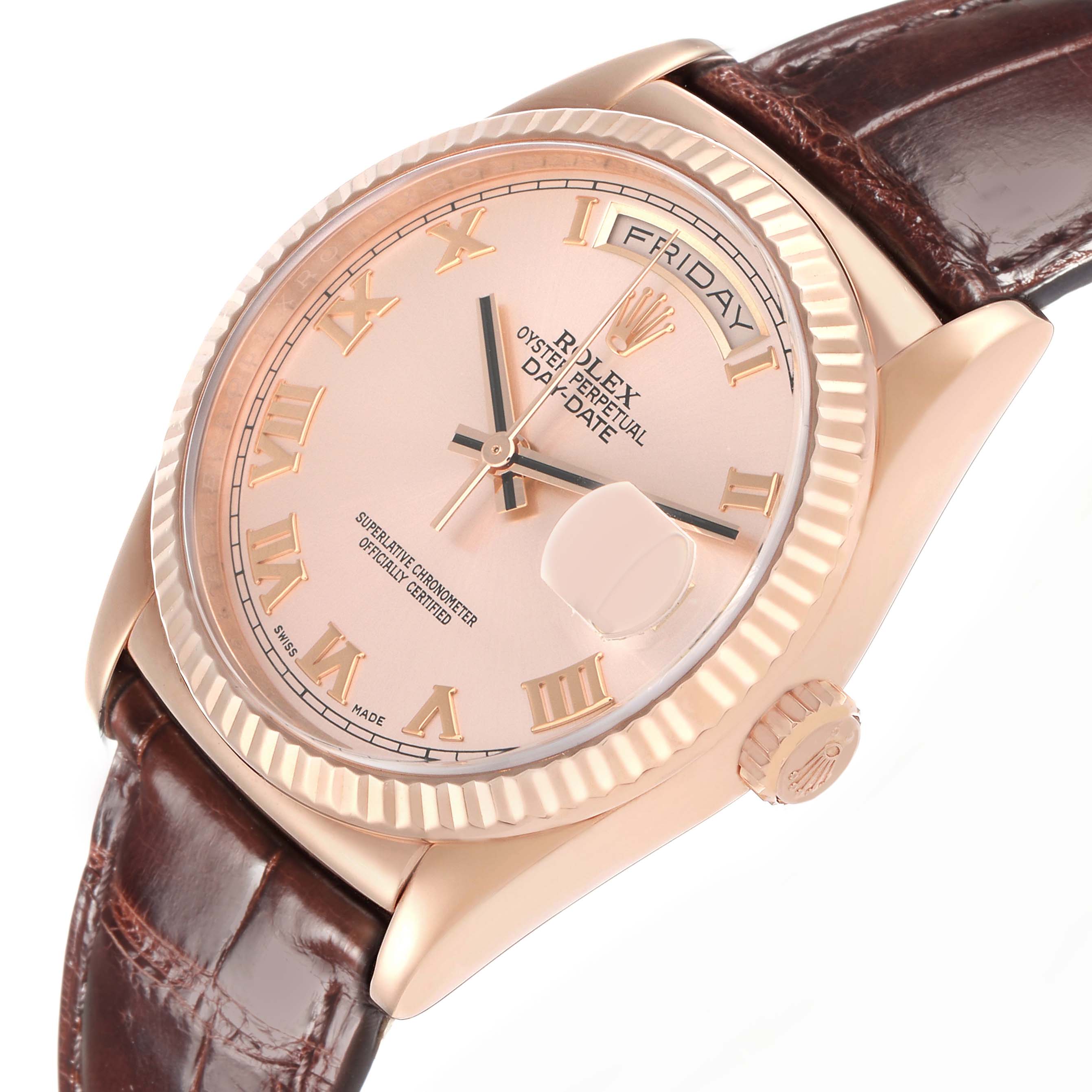 The image shows a Rolex President model 118135 men's watch at a slight angle, featuring the dial, bezel, crown, and part of the leather strap.