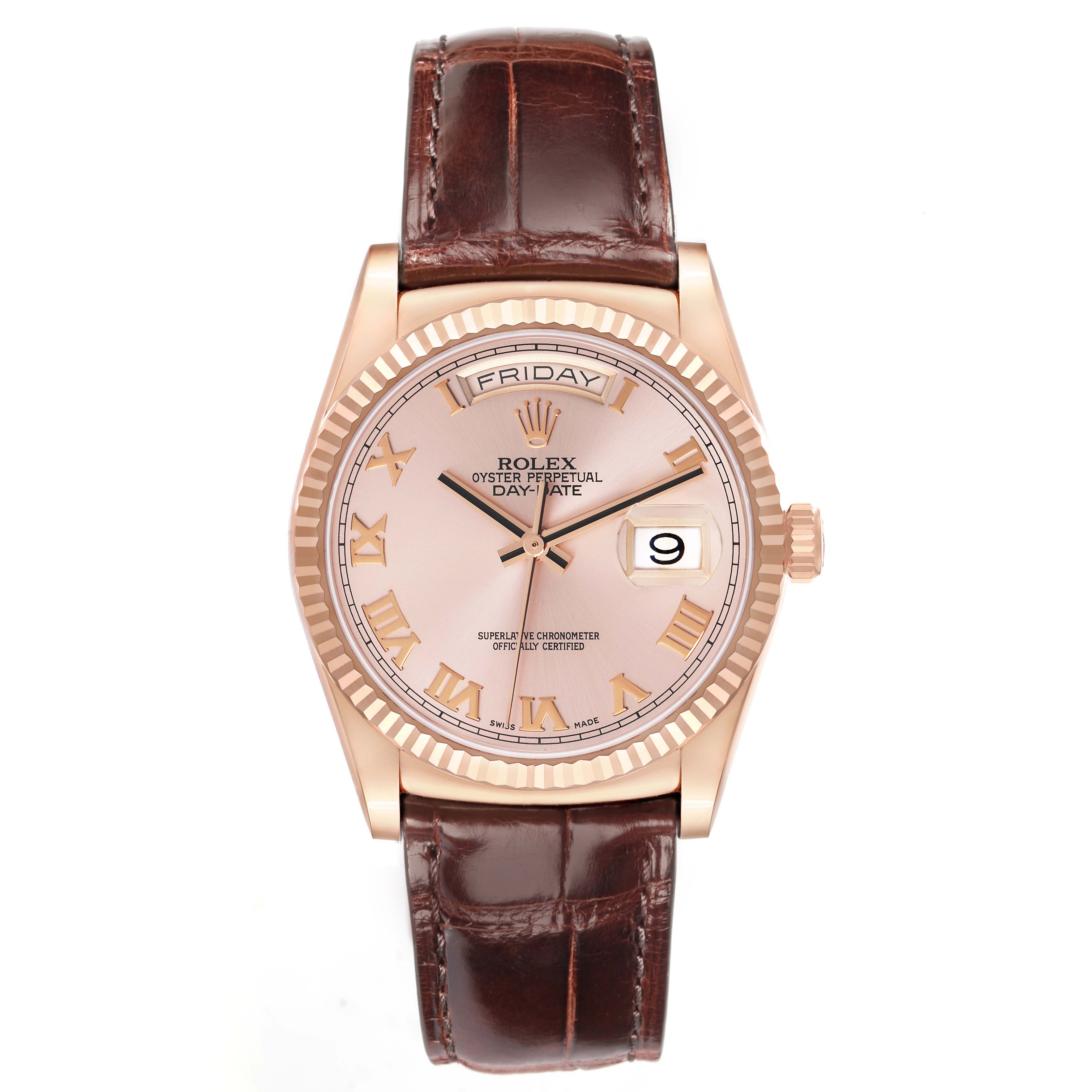 The Rolex President model 118135 men's watch is shown from the front, displaying the dial, day-date window, and brown leather strap.