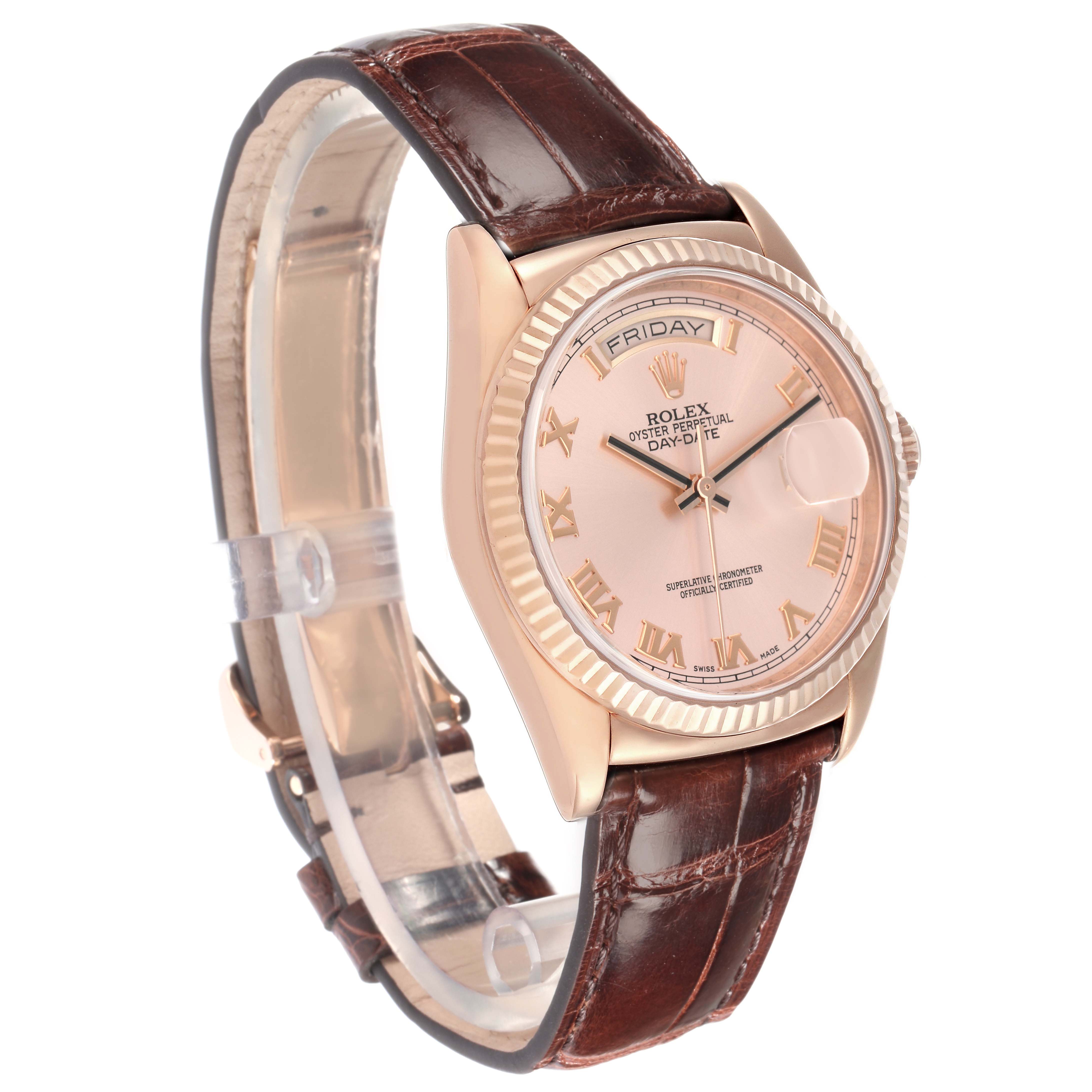 The Rolex President model 118135 watch is shown at a three-quarter angle, highlighting the face, bezel, strap, and case details.