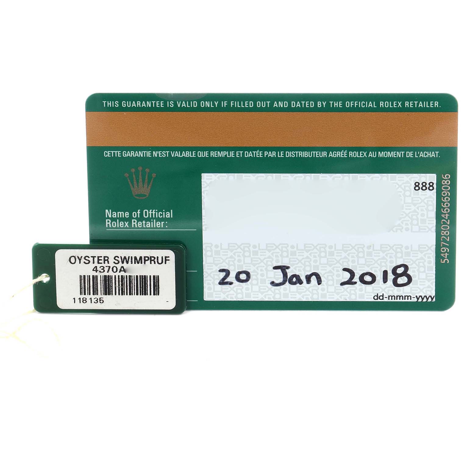 The image shows a warranty card and tag for a Rolex President model, model number 118135, with a date written as 20 Jan 2018.