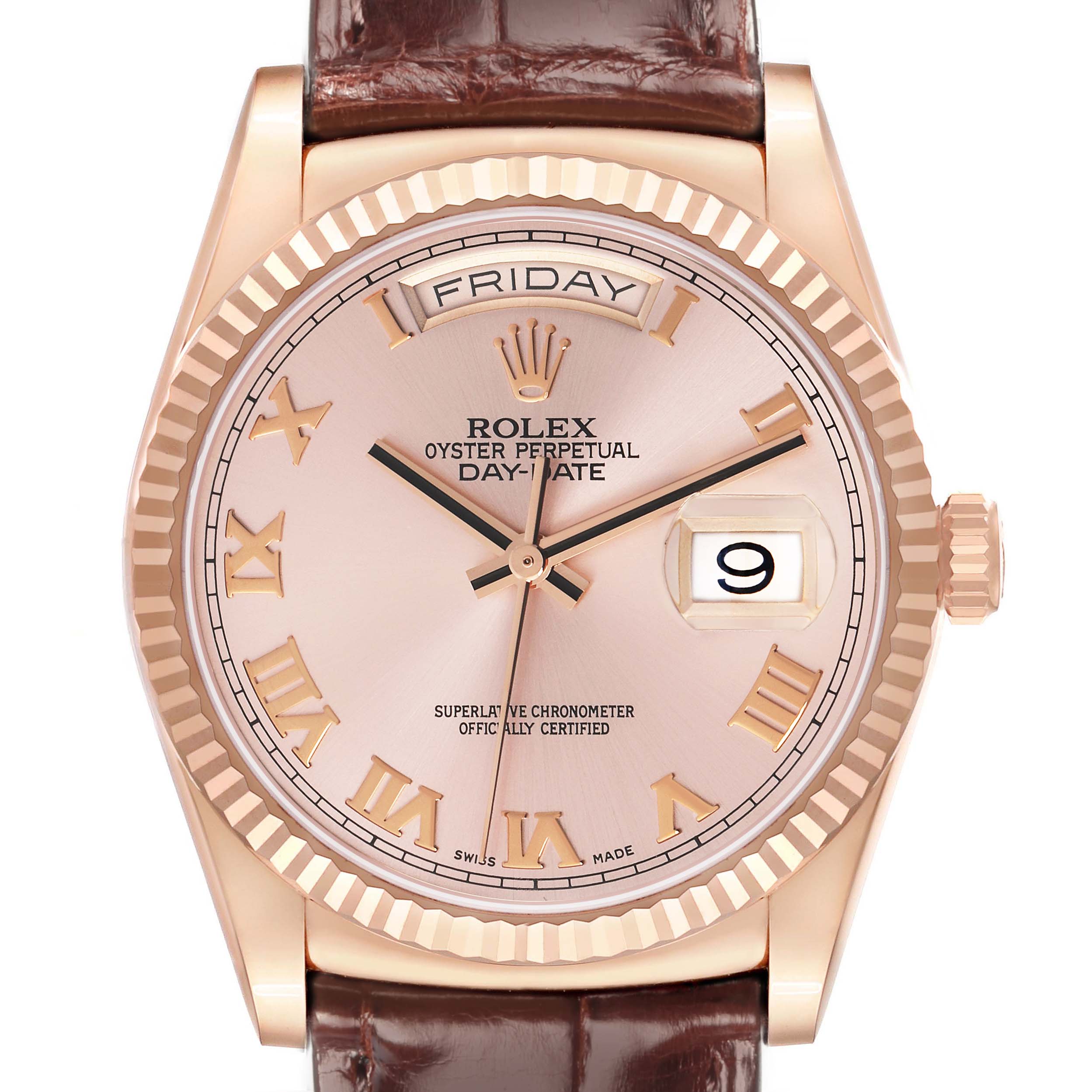 The image shows a front view of the Rolex President model 118135 Men's watch, highlighting the dial, hands, date, and day display with a leather strap.