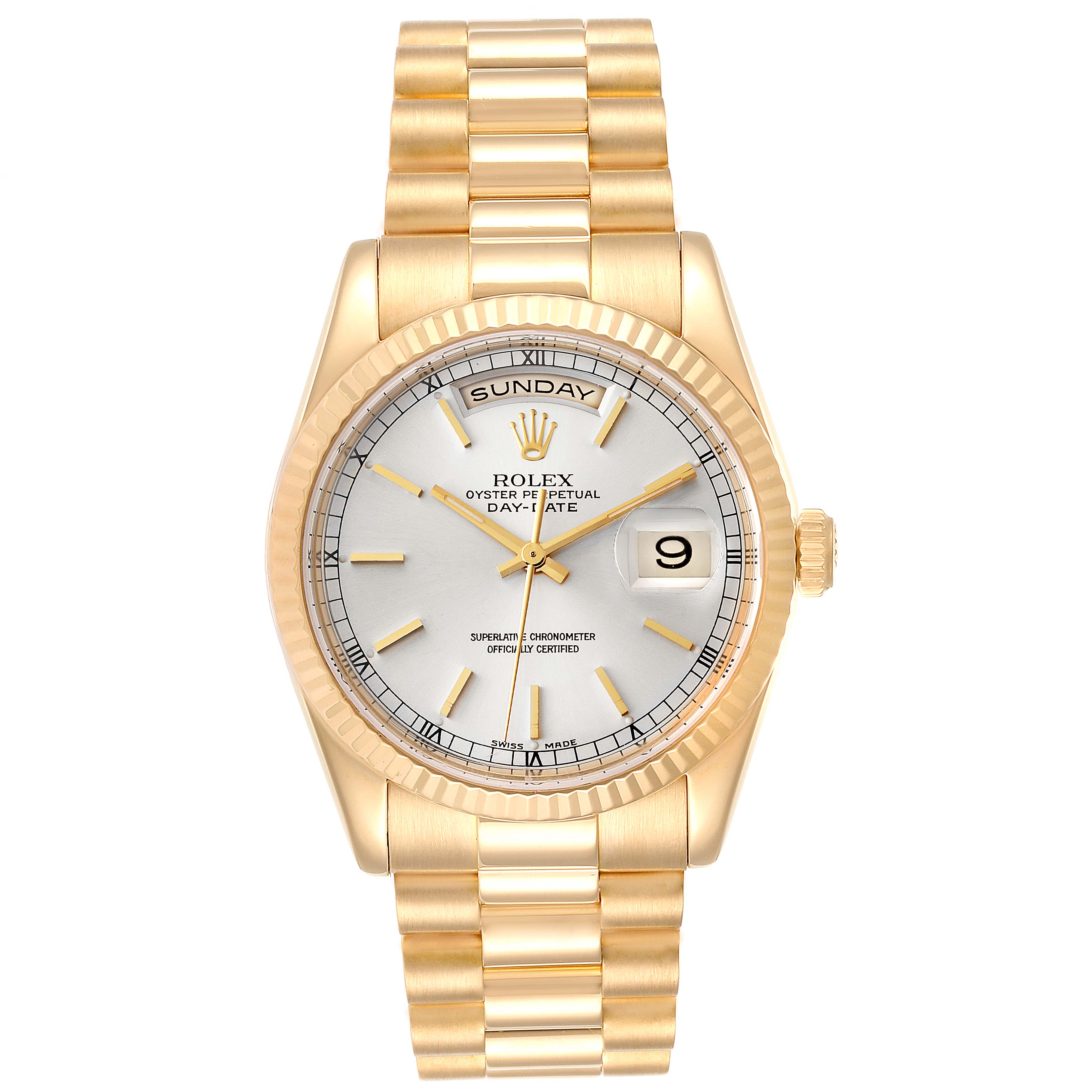 The image shows a front view of the Rolex President 118238 Men
s Yellow Gold Silver Dial 118238 Men
s Yellow Gold Silver Dial model watch, highlighting the dial, day and date windows, bezel, and bracelet.