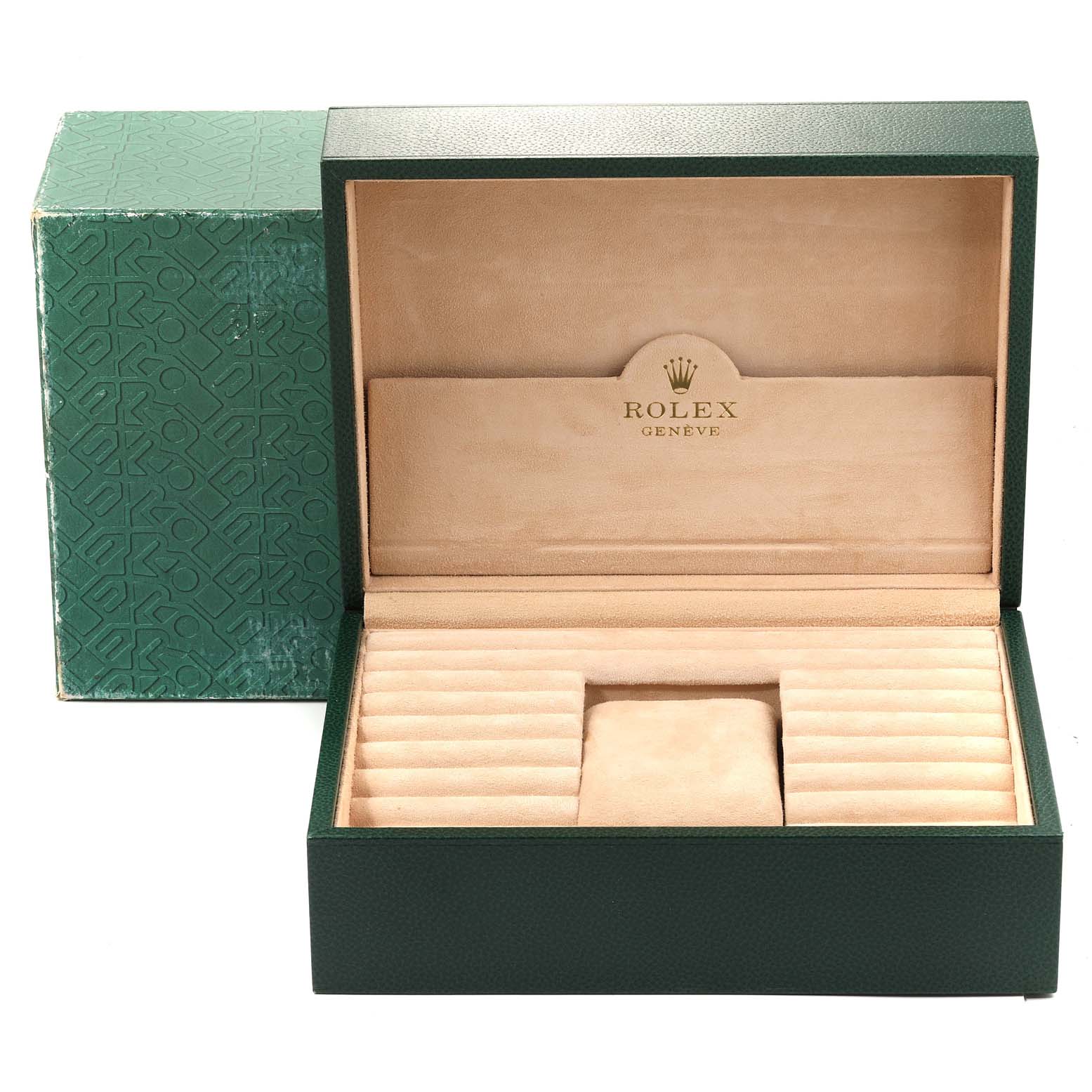 This image shows an open Rolex President 118238 Men
s Yellow Gold Silver Dial 118238 Men
s Yellow Gold Silver Dial watch box at a front angle, with a green outer box in the background.