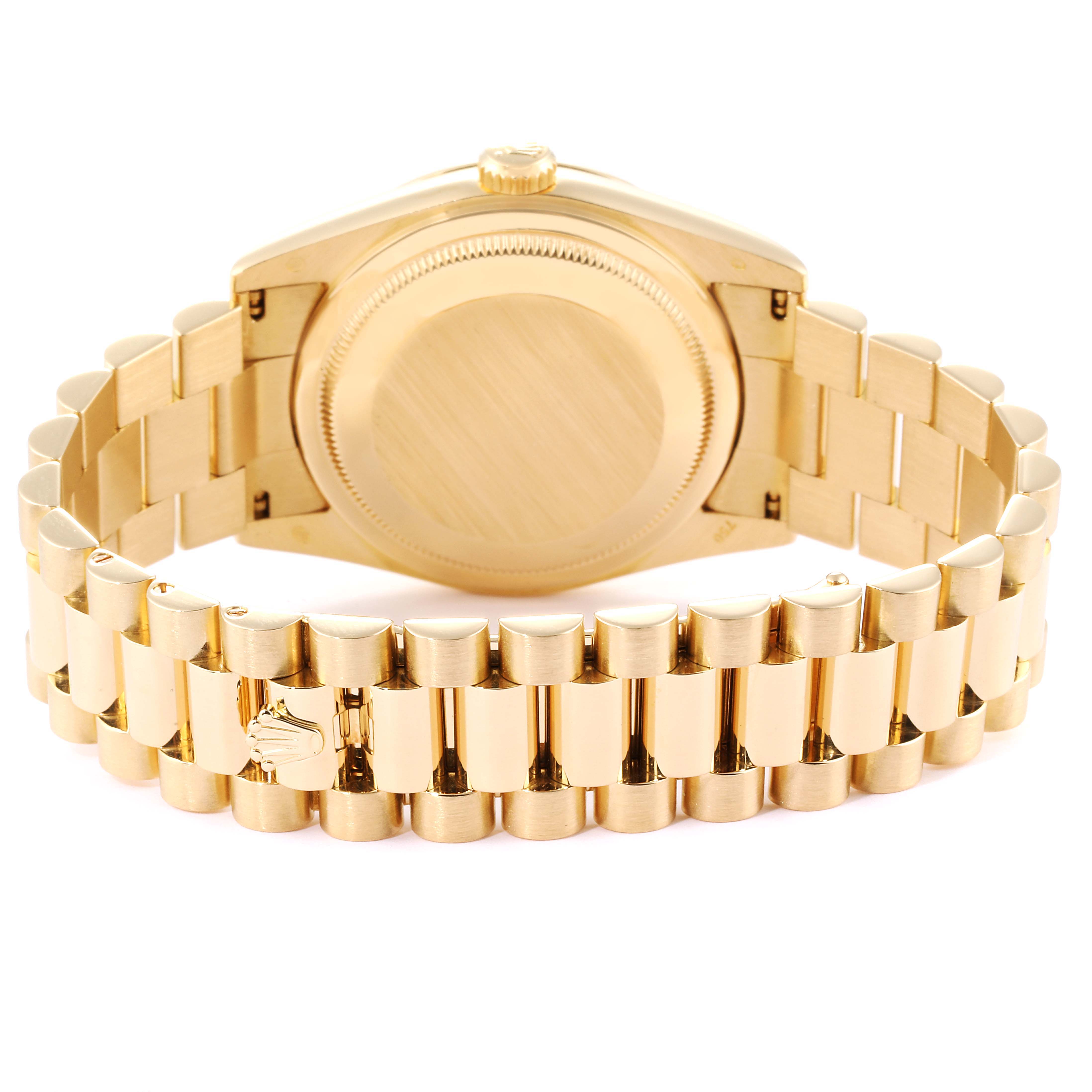 The image shows the back view of the Rolex President 118238 Men
s Yellow Gold Silver Dial 118238 Men
s Yellow Gold Silver Dial model watch, highlighting the case back and the bracelet.