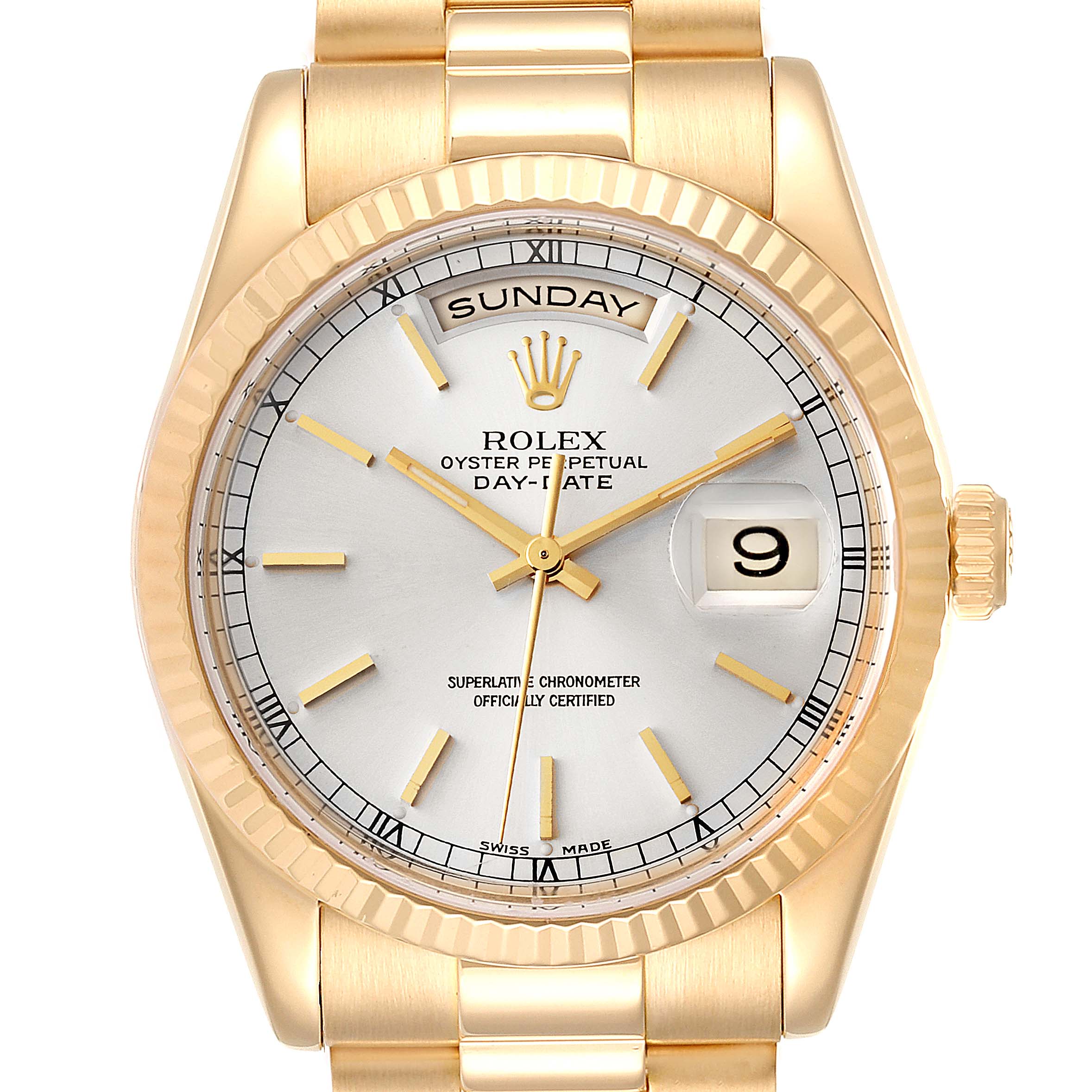 The Rolex President 118238 Men
s Yellow Gold Silver Dial 118238 Men
s Yellow Gold Silver Dial model watch is shown from a front angle, displaying the dial, bezel, date window, and part of the bracelet.