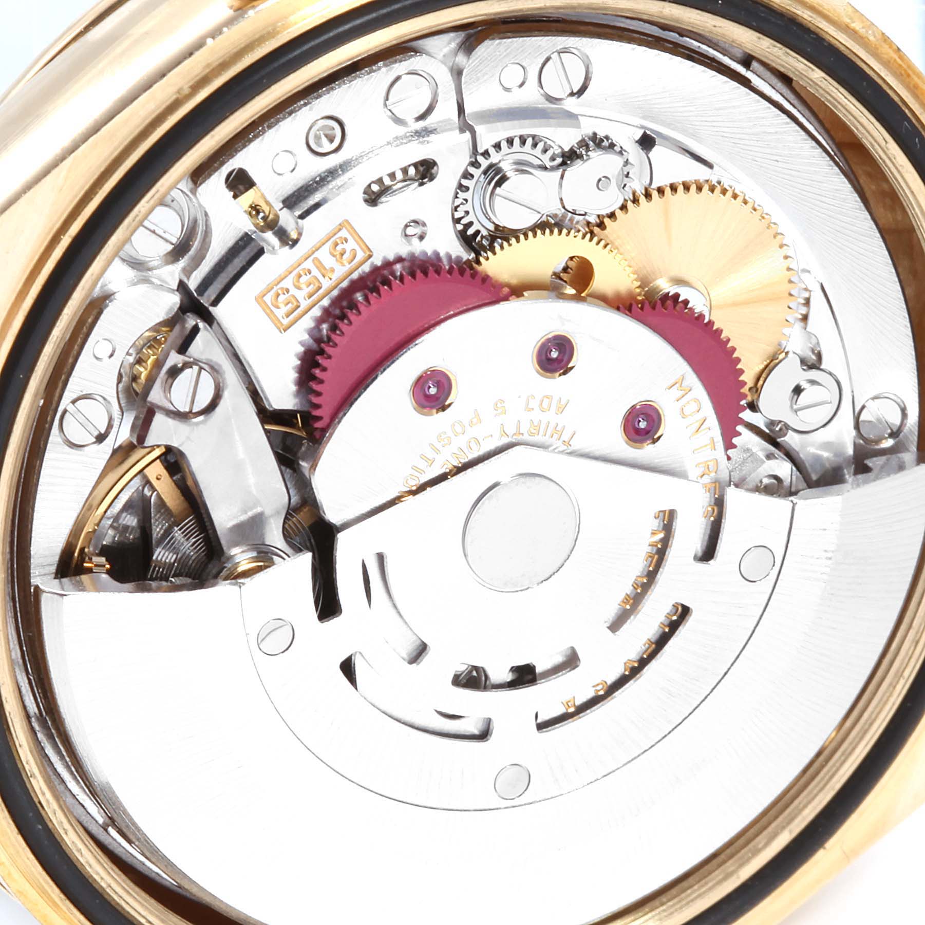 This image of the Rolex President 118238 Men
s Yellow Gold Silver Dial 118238 Men
s Yellow Gold Silver Dial model watch shows its internal mechanical movement from a close-up angle.