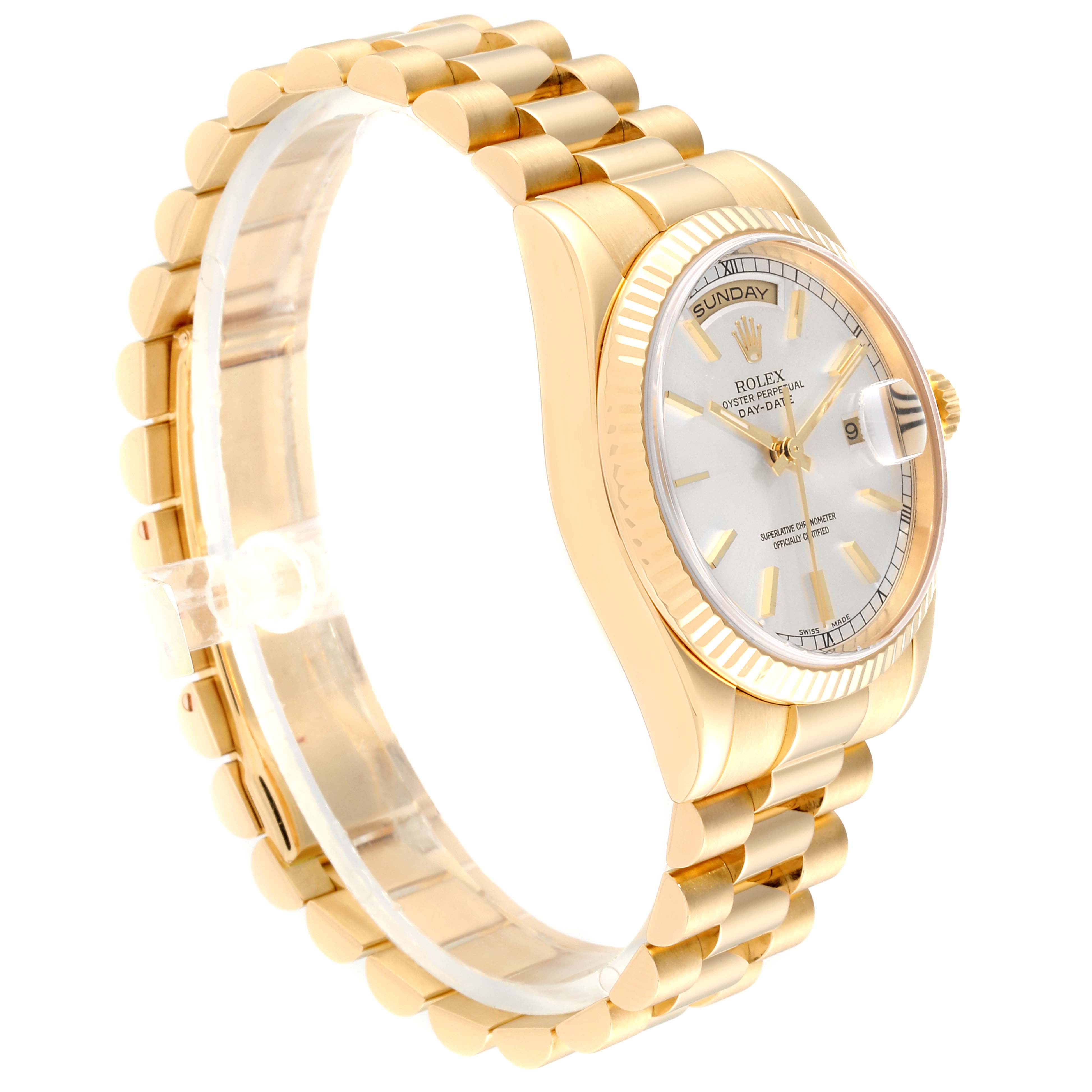 This image shows a Rolex President 118238 Men
s Yellow Gold Silver Dial 118238 Men
s Yellow Gold Silver Dial model watch at an angle, displaying the dial, bezel, case, and part of the bracelet.