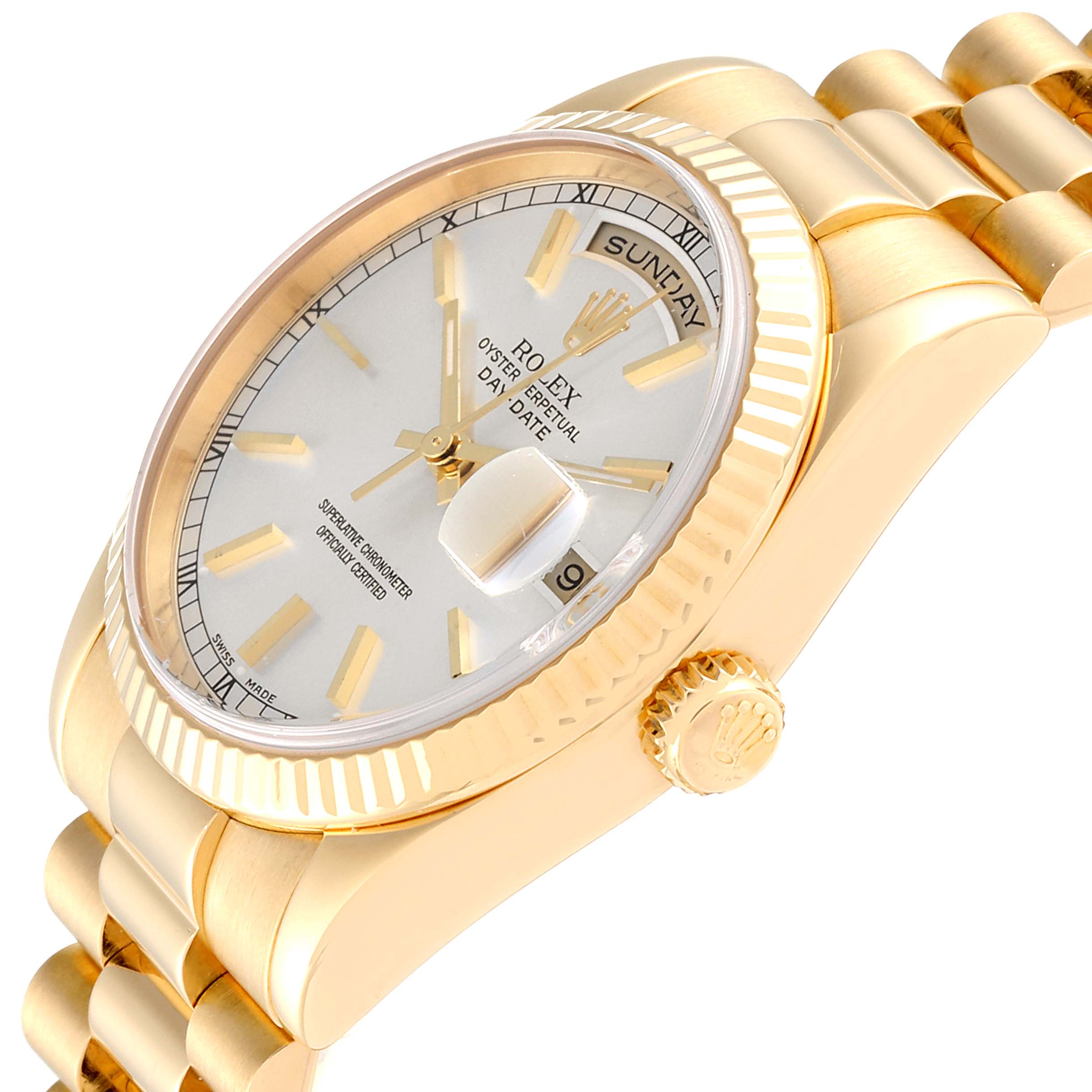This image shows a close-up angle of the Rolex President 118238 Men
s Yellow Gold Silver Dial 118238 Men
s Yellow Gold Silver Dial model watch, highlighting the dial, bezel, crown, and part of the bracelet.