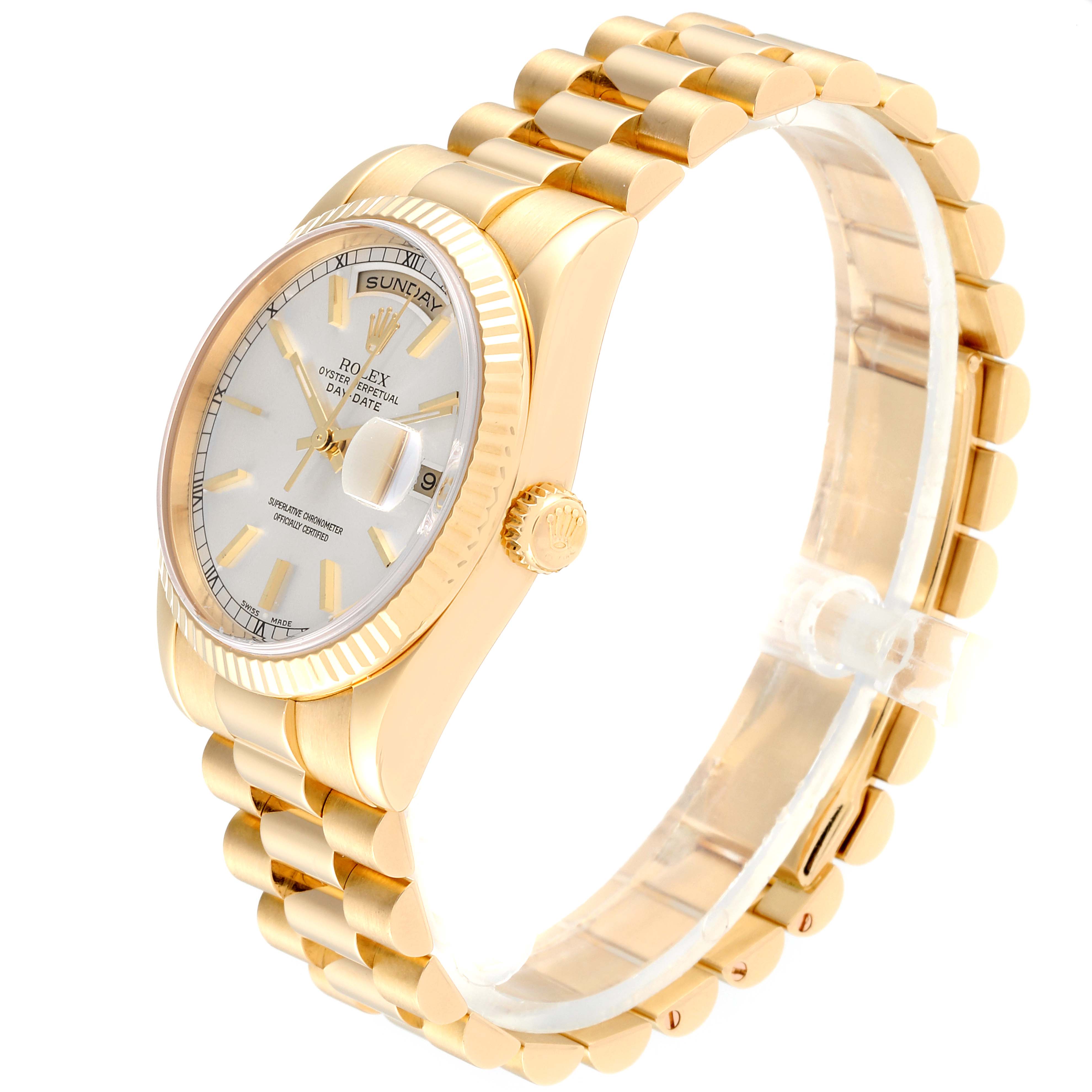 This is a side-angle view of a Rolex President 118238 Men
s Yellow Gold Silver Dial 118238 Men
s Yellow Gold Silver Dial model, showing the bracelet, crown, case, and dial.