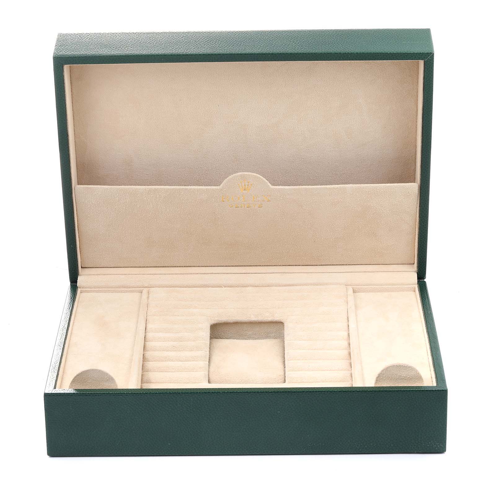 This image shows an open box for a President model by Rolex, revealing its interior compartments.