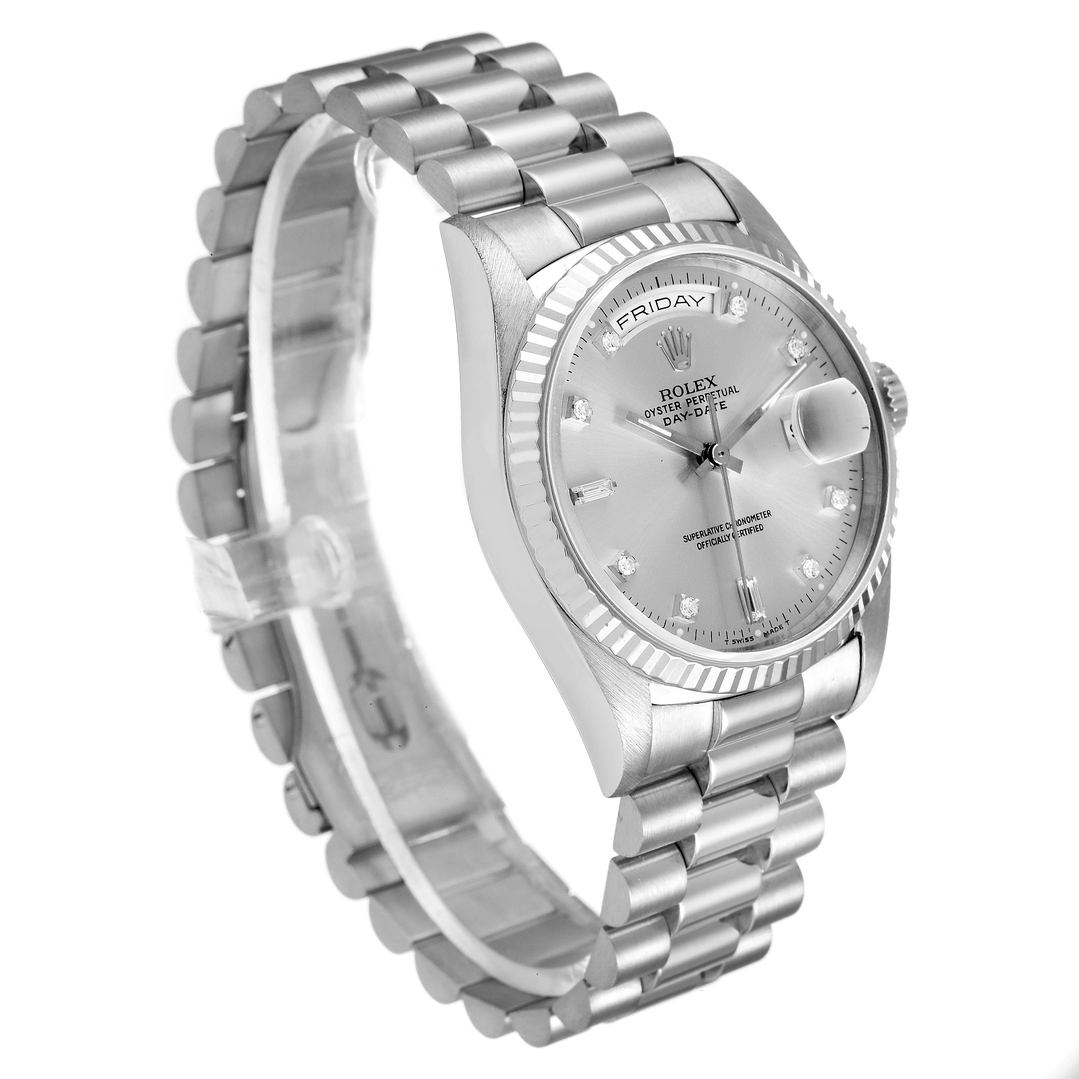 The image shows a side view angle of a Rolex President 18239 Men's White Gold Silver Dial 18239 Men's White Gold Silver Dial model watch, highlighting its silver bracelet and face.