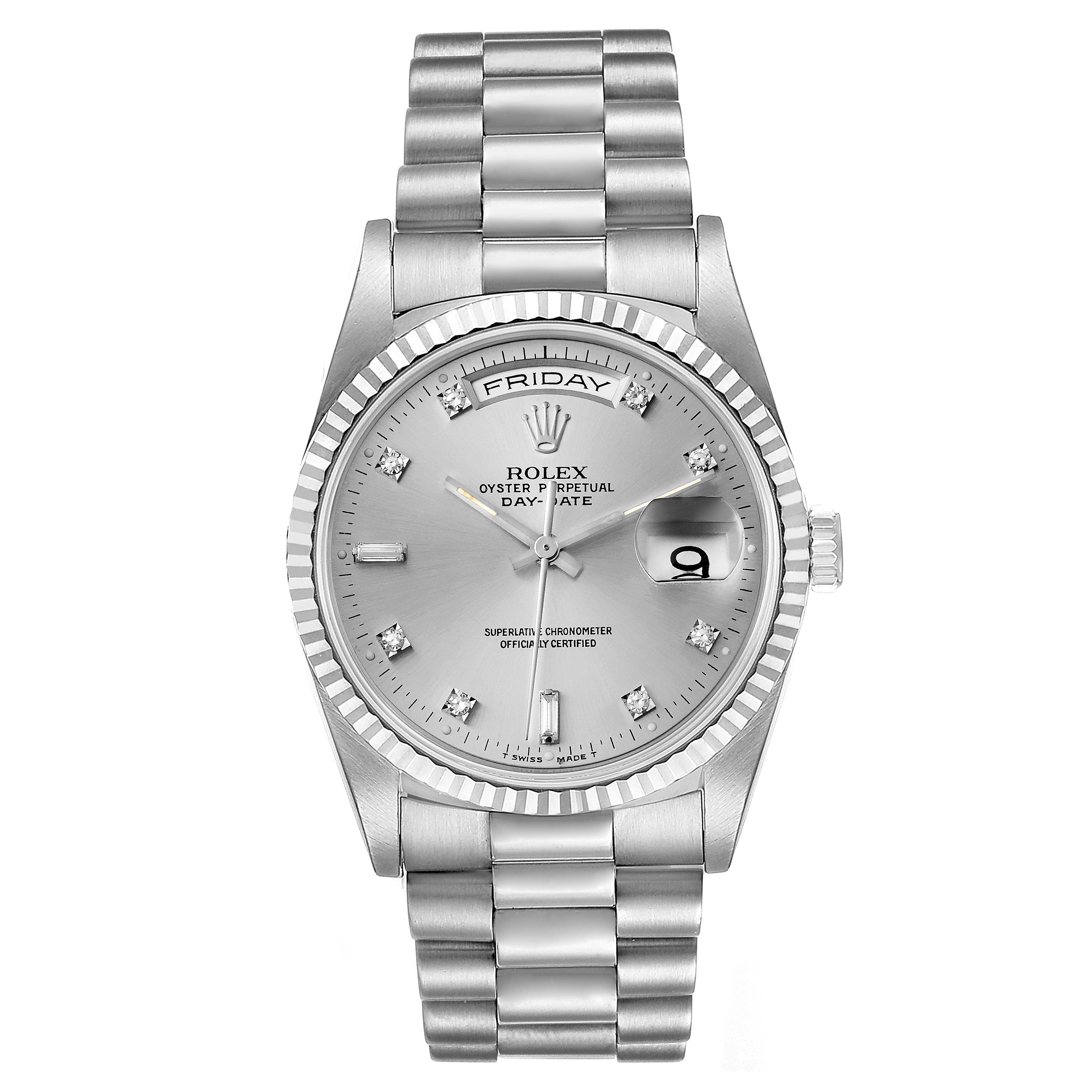 The Rolex President 18239 Men's White Gold Silver Dial 18239 Men's White Gold Silver Dial watch is shown from a front angle, displaying the full face, bezel, and bracelet.