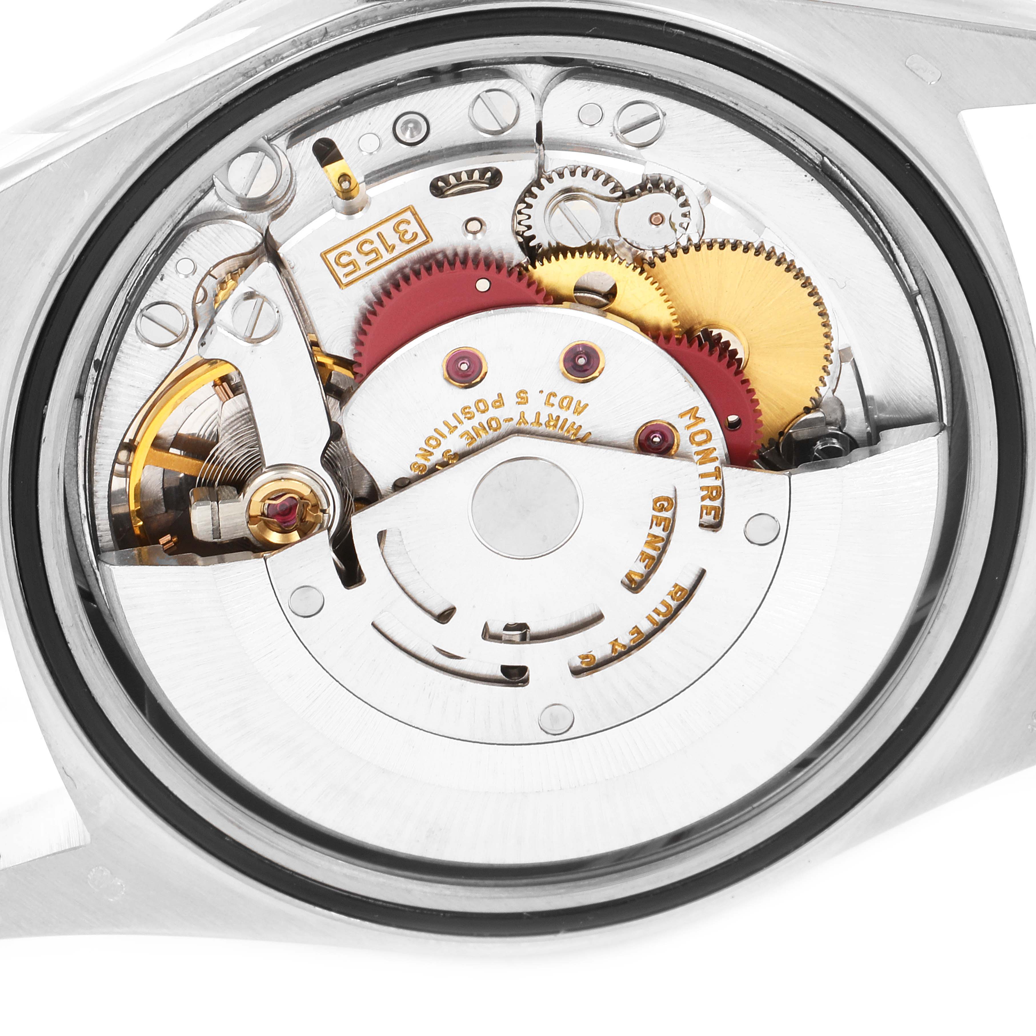 This is an inside view of the Rolex President 18239 Men's White Gold Silver Dial 18239 Men's White Gold Silver Dial model watch, showing its intricate mechanical movement components.