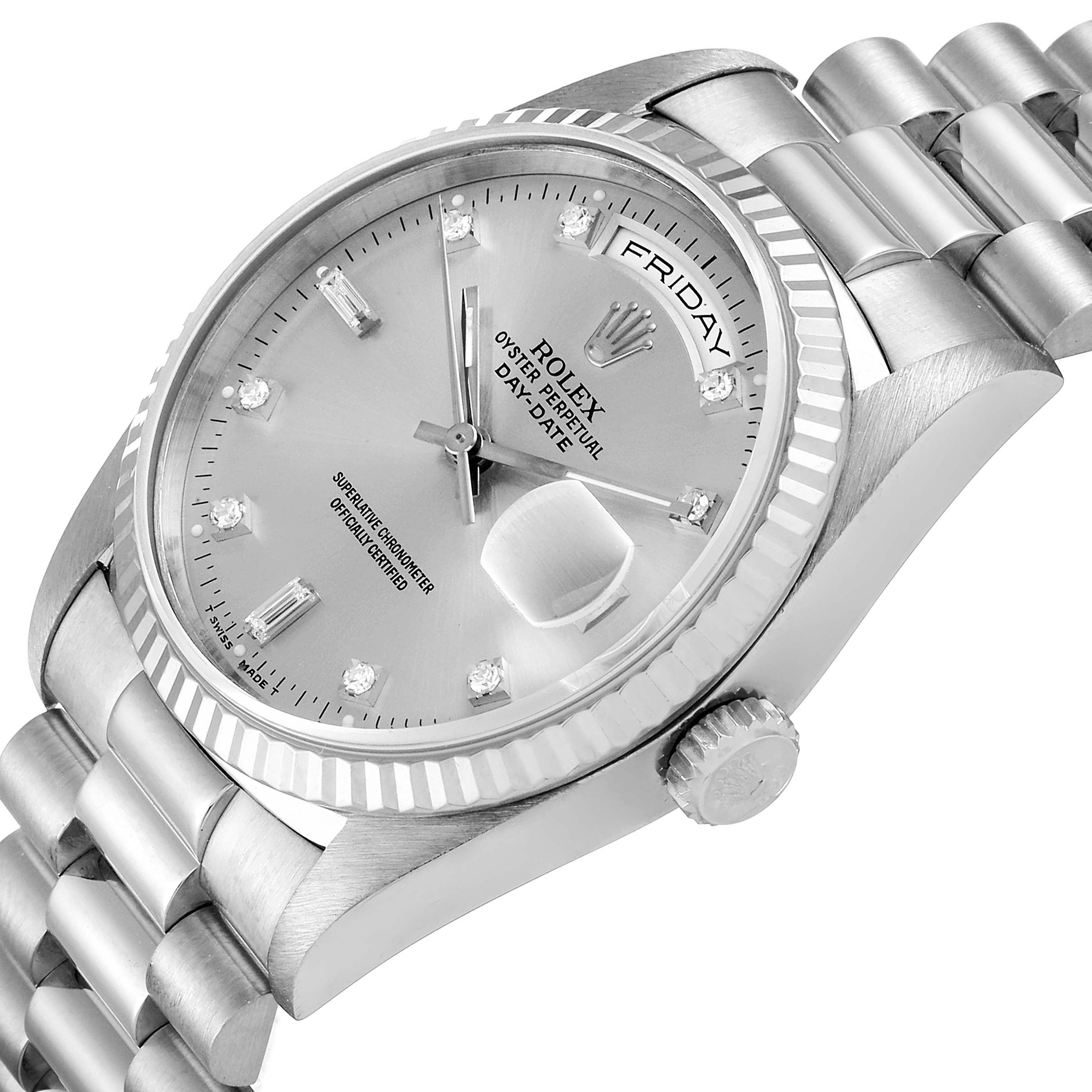 The image shows a Rolex President 18239 Men's White Gold Silver Dial 18239 Men's White Gold Silver Dial model watch at an angled view, highlighting the dial, bezel, and bracelet.