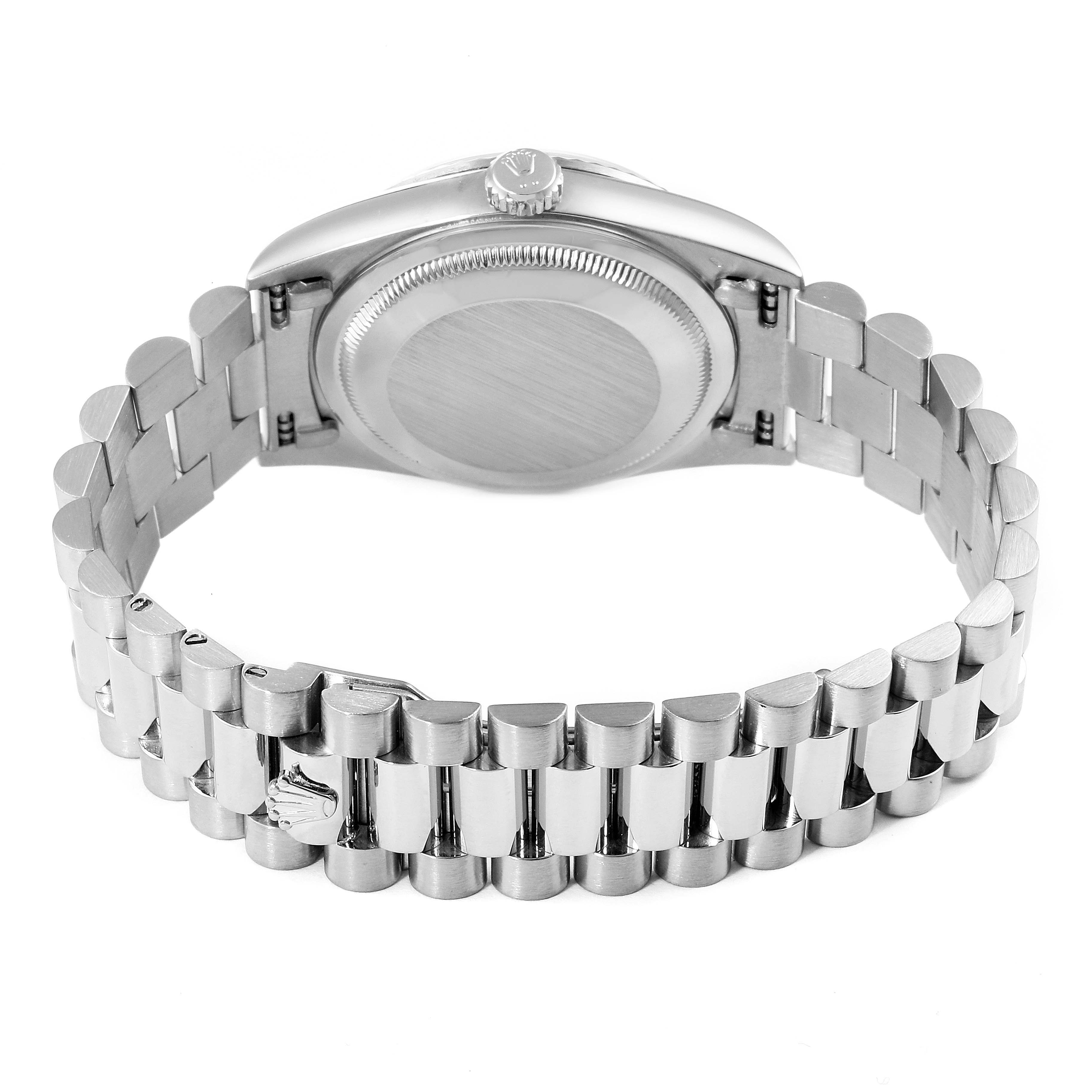 This image shows the back view of a Rolex President 18239 Men's White Gold Silver Dial 18239 Men's White Gold Silver Dial model watch, highlighting its metal bracelet and case back.