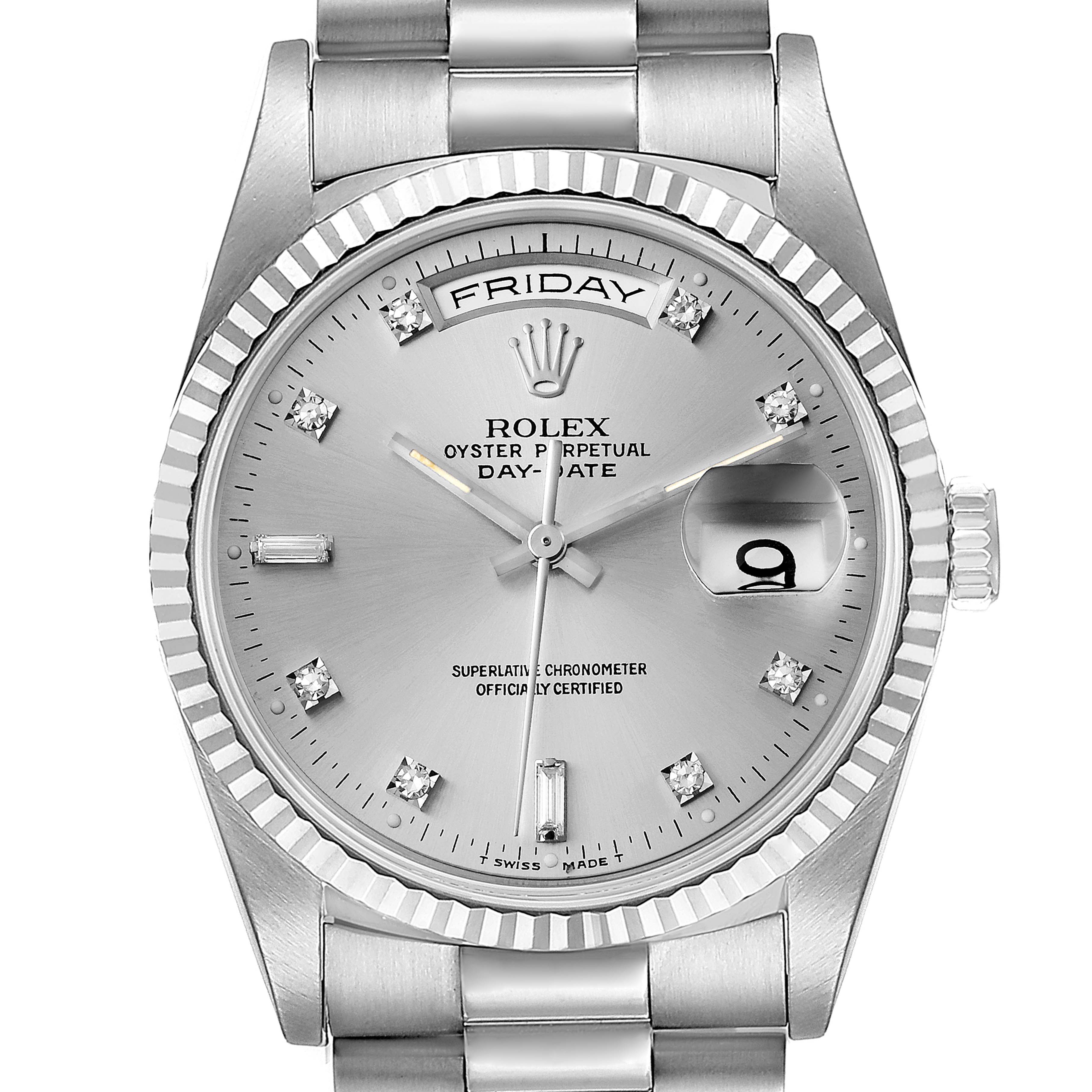 The image shows a front view of the Rolex President 18239 Men's White Gold Silver Dial 18239 Men's White Gold Silver Dial Oyster Perpetual Day-Date watch, highlighting its silver dial, fluted bezel, and bracelet.