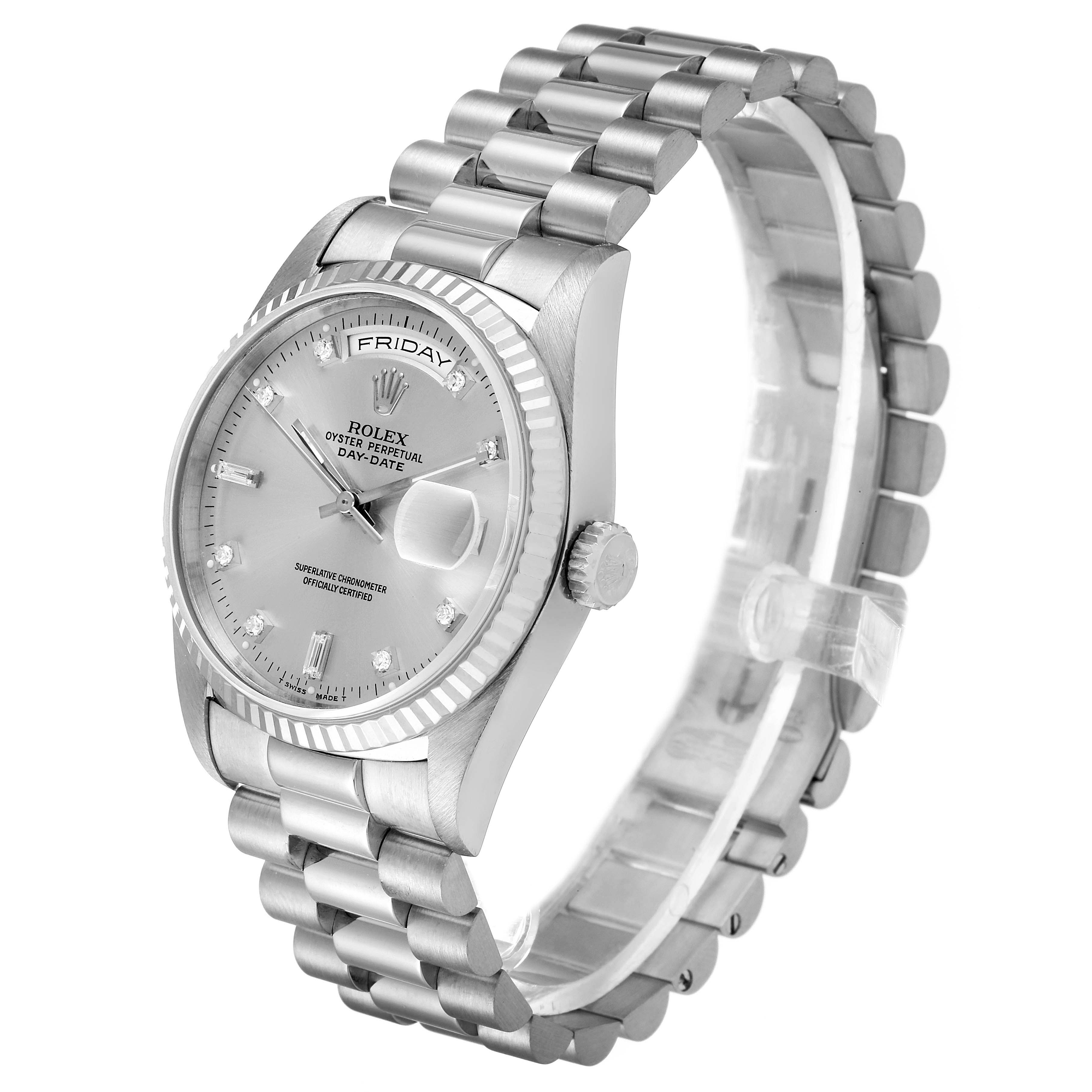 This image shows a Rolex President 18239 Men's White Gold Silver Dial 18239 Men's White Gold Silver Dial model watch at an angled view, displaying the face, crown, and bracelet.